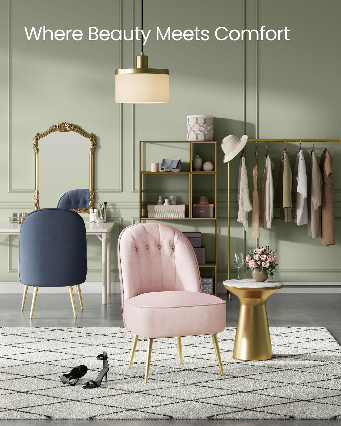 VASAGLE Accent Chair, Velvet Vanity Chair with Metal Legs, Shell-Shaped Back, Wide Seat | ULAC017R01