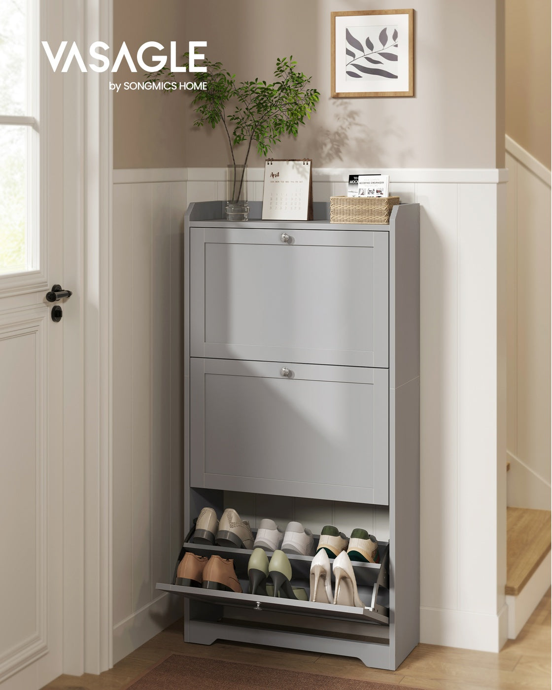 VASAGLE Shoe Cabinet, 3 Flip Drawers, 9.4 X 23.6 X 47.7 Inches, Dove Gray