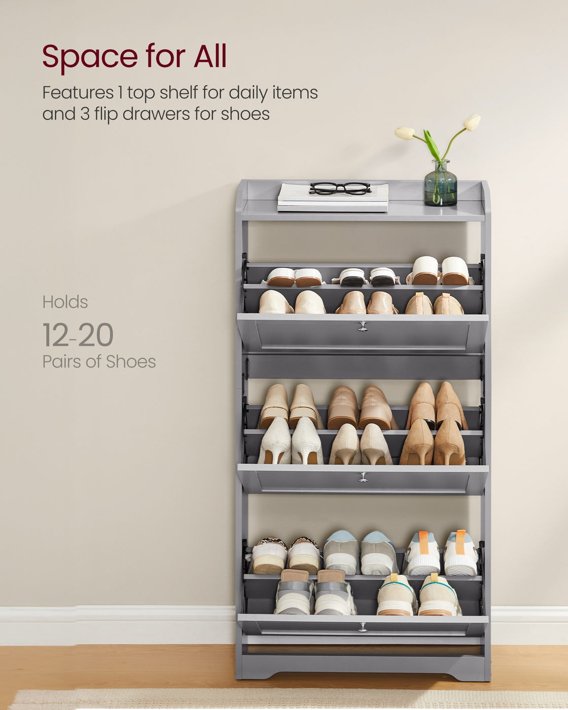 VASAGLE Shoe Cabinet, 3 Flip Drawers, 9.4 X 23.6 X 47.7 Inches, Dove Gray