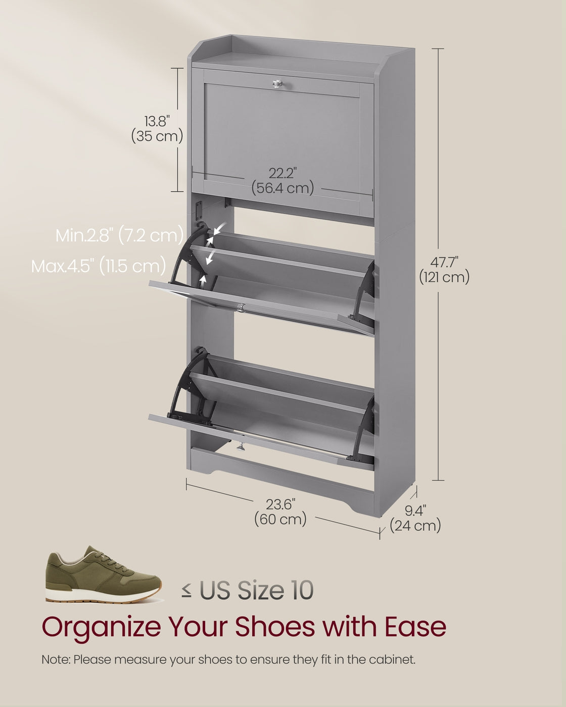 VASAGLE Shoe Cabinet, 3 Flip Drawers, 9.4 X 23.6 X 47.7 Inches, Dove Gray