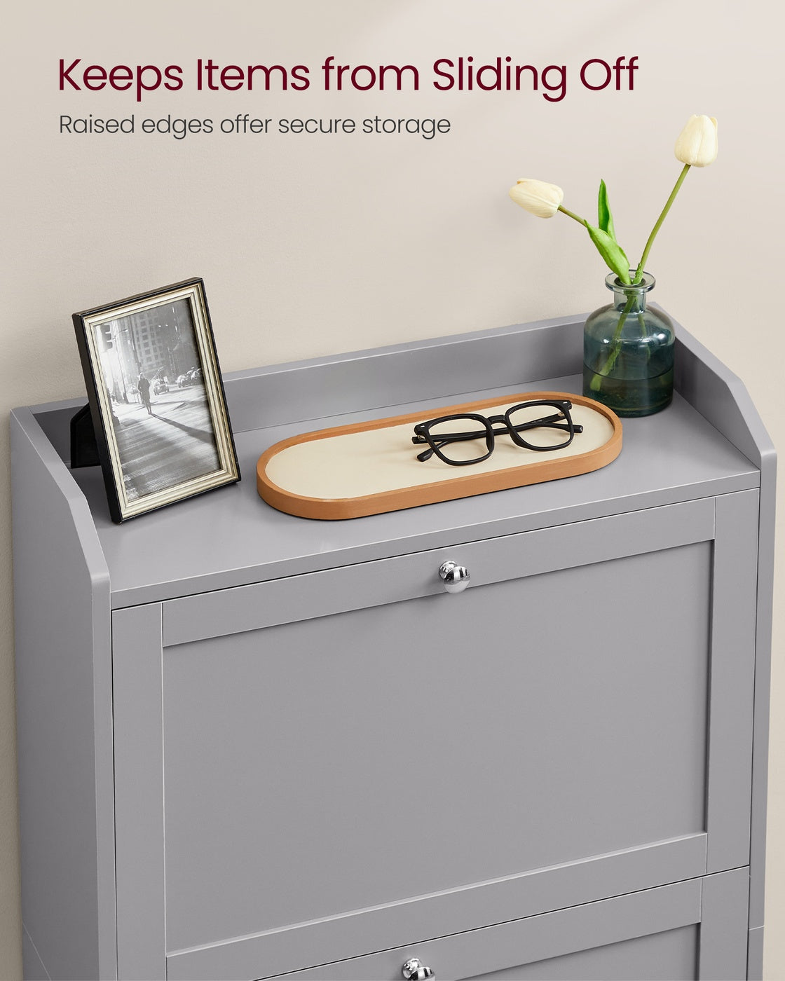 VASAGLE Shoe Cabinet, 3 Flip Drawers, 9.4 X 23.6 X 47.7 Inches, Dove Gray