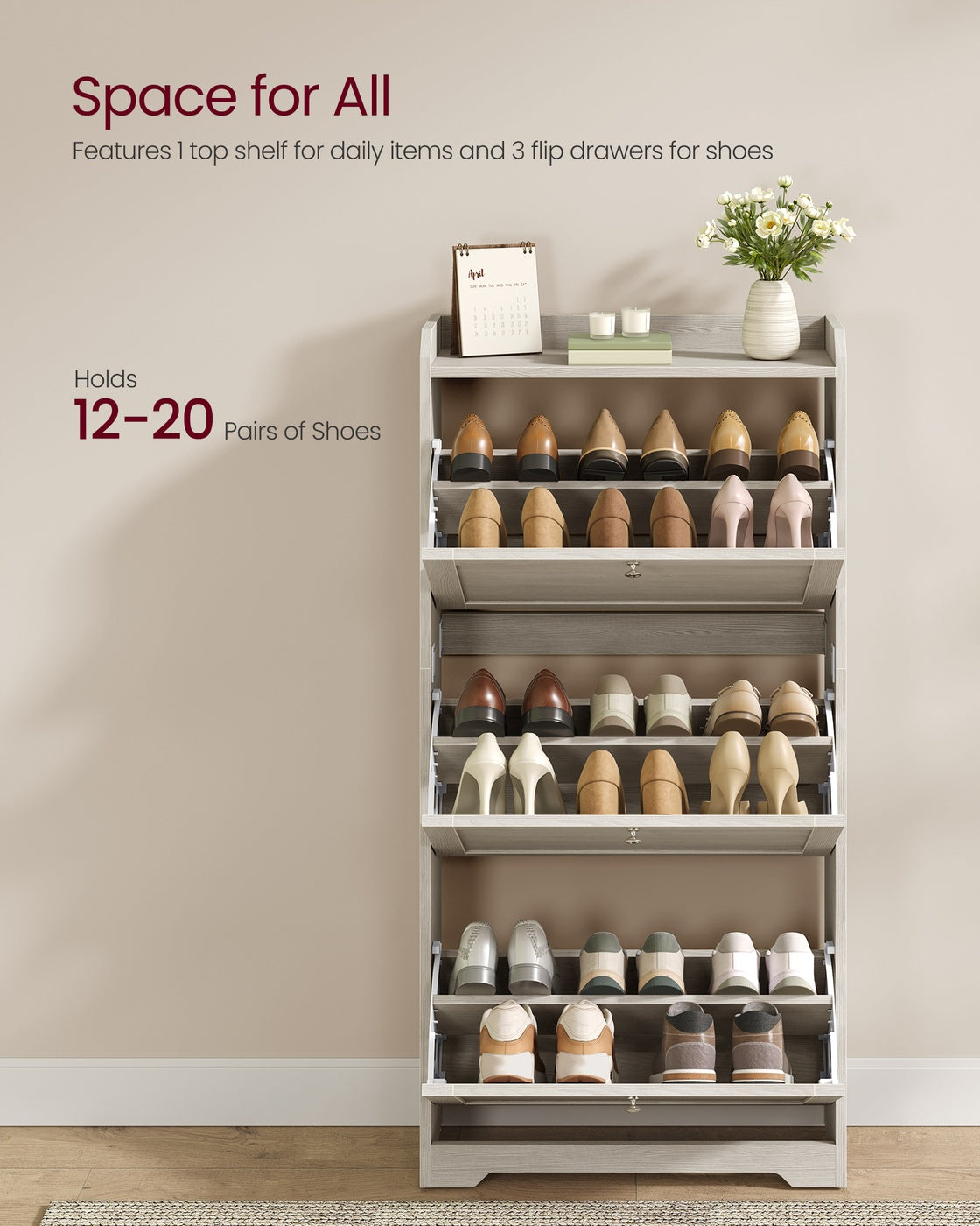 VASAGLE Shoe Cabinet with 3 Flip Drawers, Shoe Organizer – Oatmeal Beige