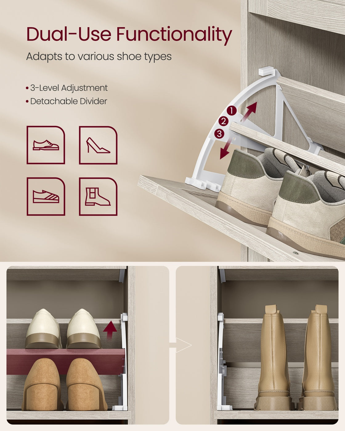 VASAGLE Shoe Cabinet with 3 Flip Drawers, Shoe Organizer – Oatmeal Beige
