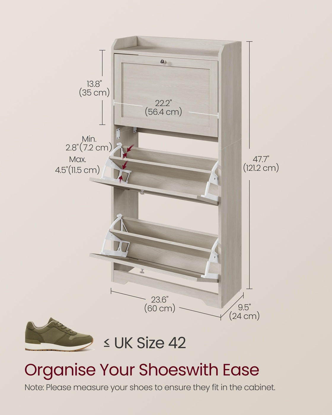 VASAGLE Shoe Cabinet with 3 Flip Drawers, Shoe Organizer – Oatmeal Beige