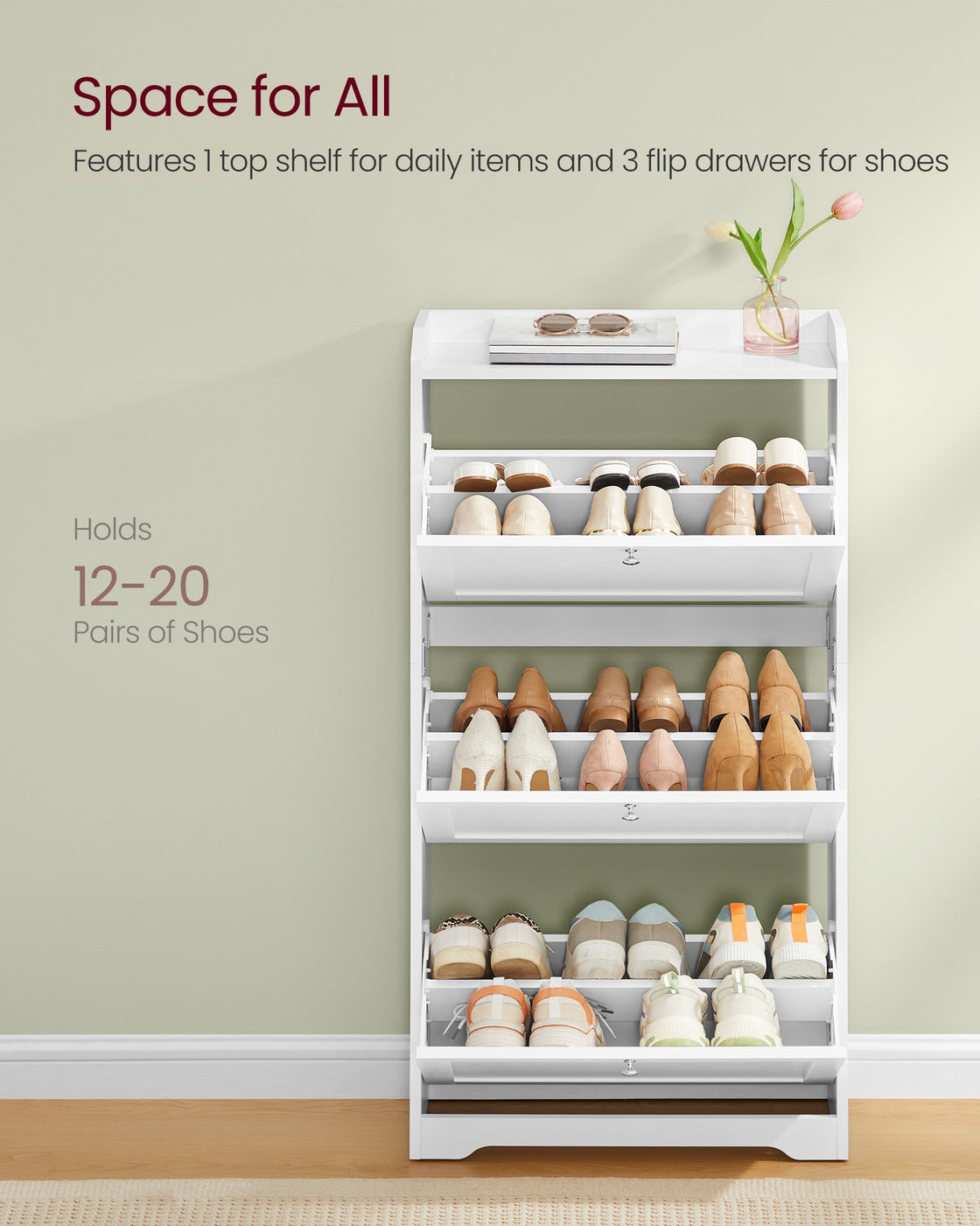 VASAGLE Shoe Cabinet with 3 Flip Drawers, Shoe Organizer – Cloud White