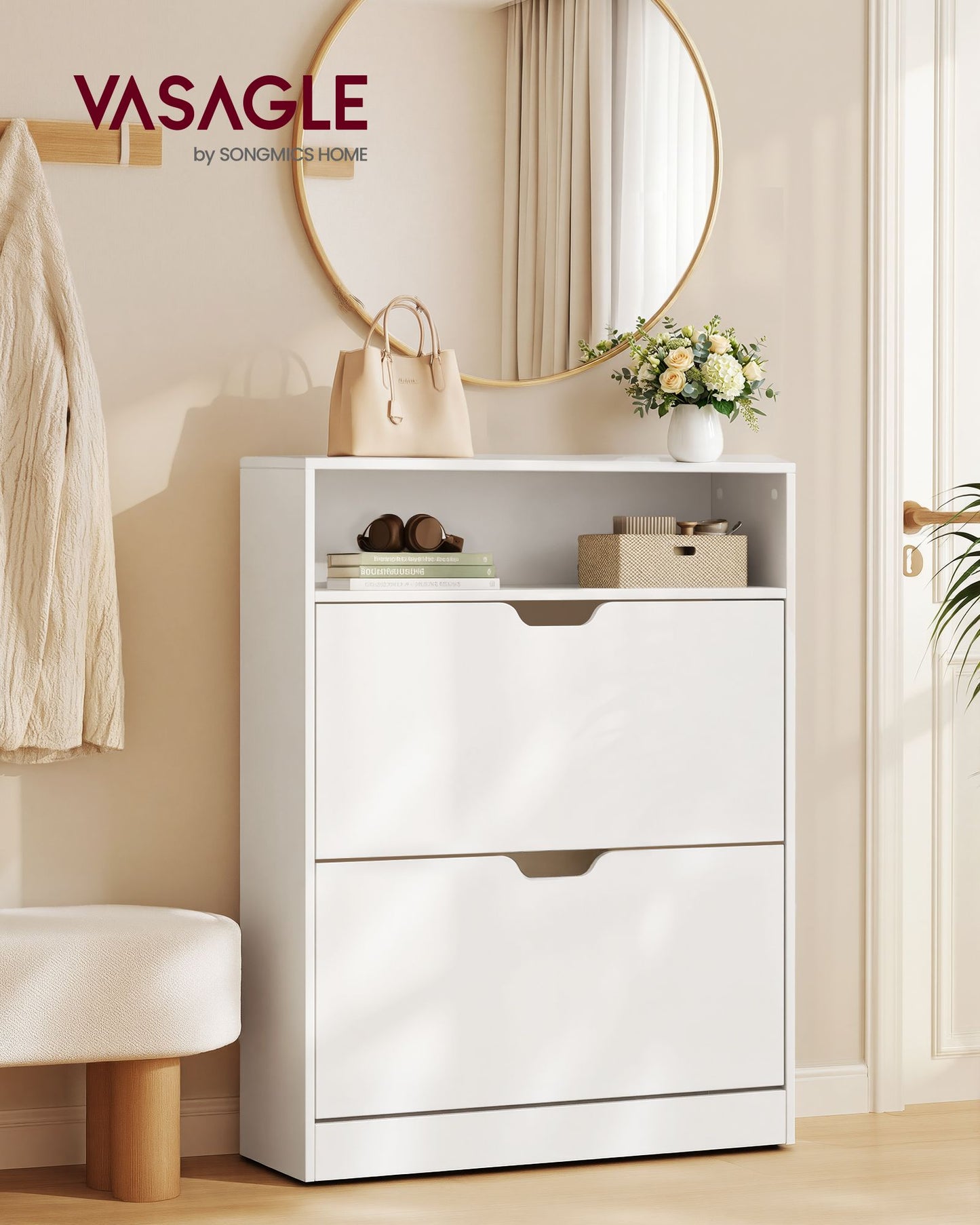 VASAGLE Cloud White Shoe Cabinet with Two Flip Drawers and Dividers