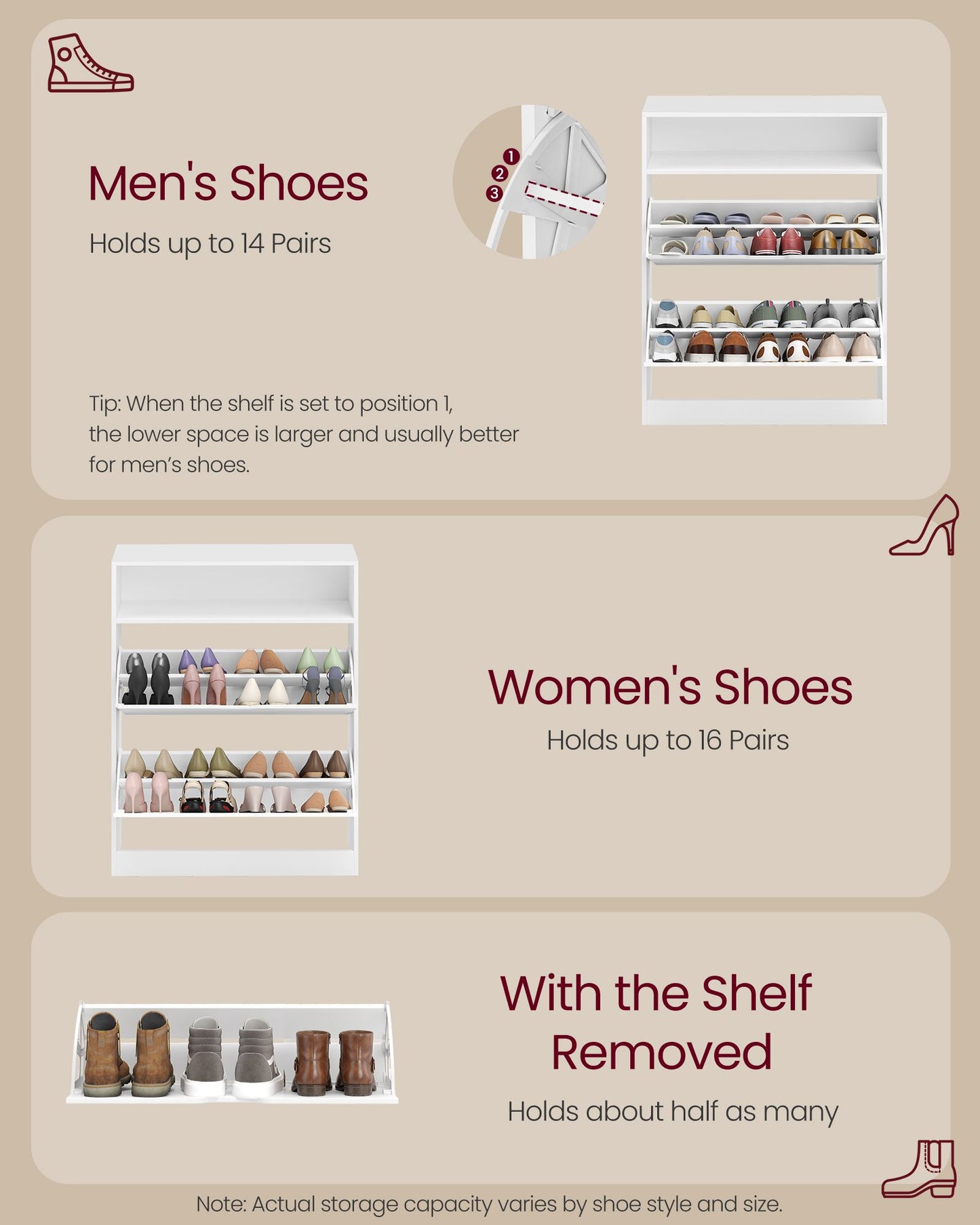 VASAGLE Cloud White Shoe Cabinet with Two Flip Drawers and Dividers