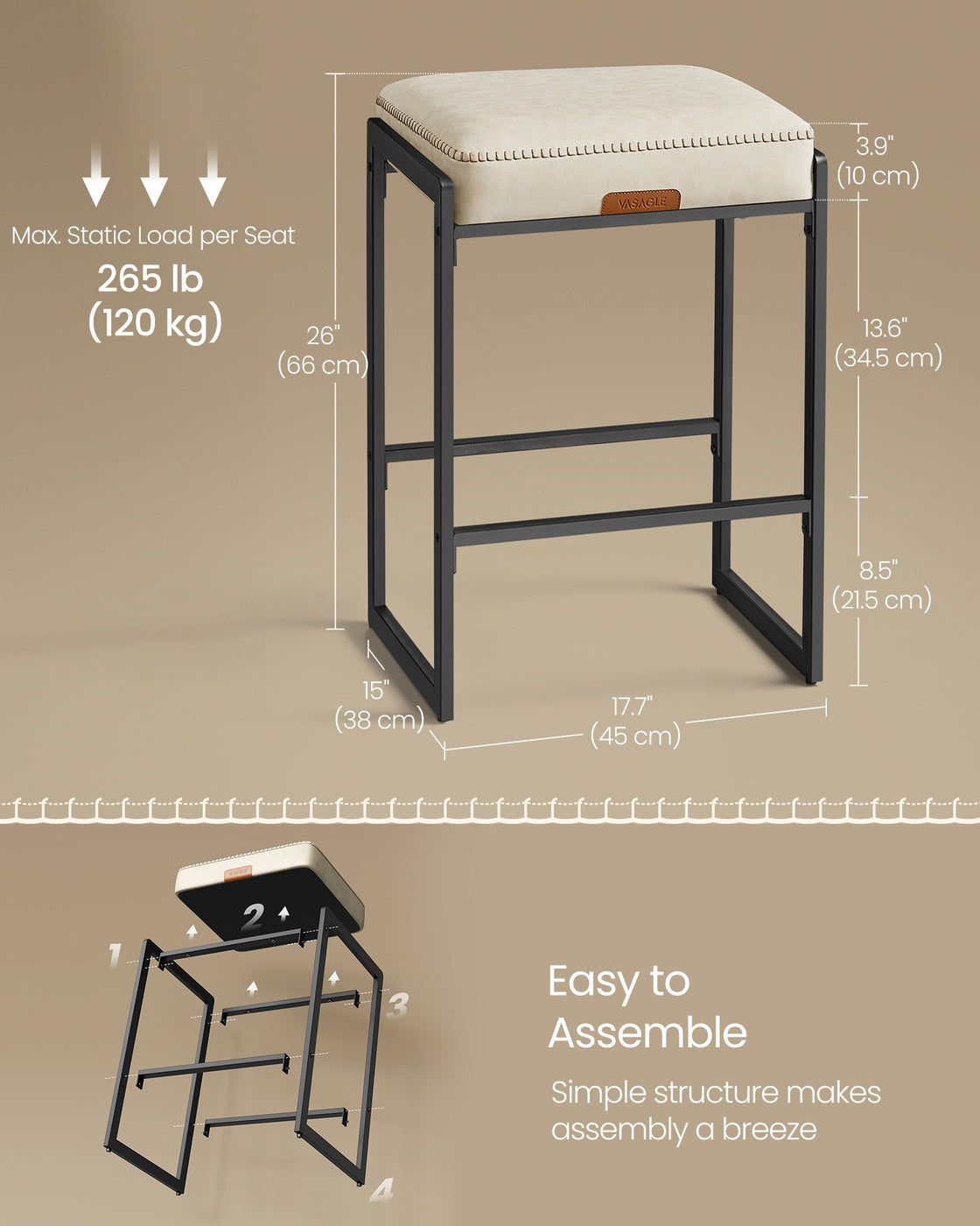 VASAGLE Ekho Counter Height Bar Stools – Cream White