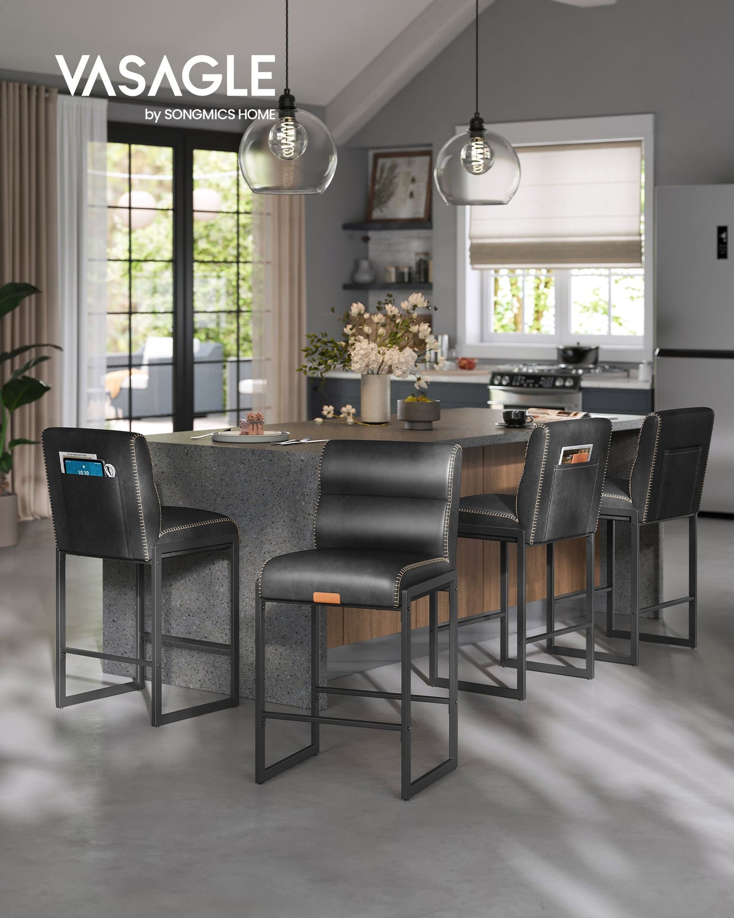 VASAGLE Ekho Bar Stools Set of 4, Counter Height Stools with Backs, Ink Black