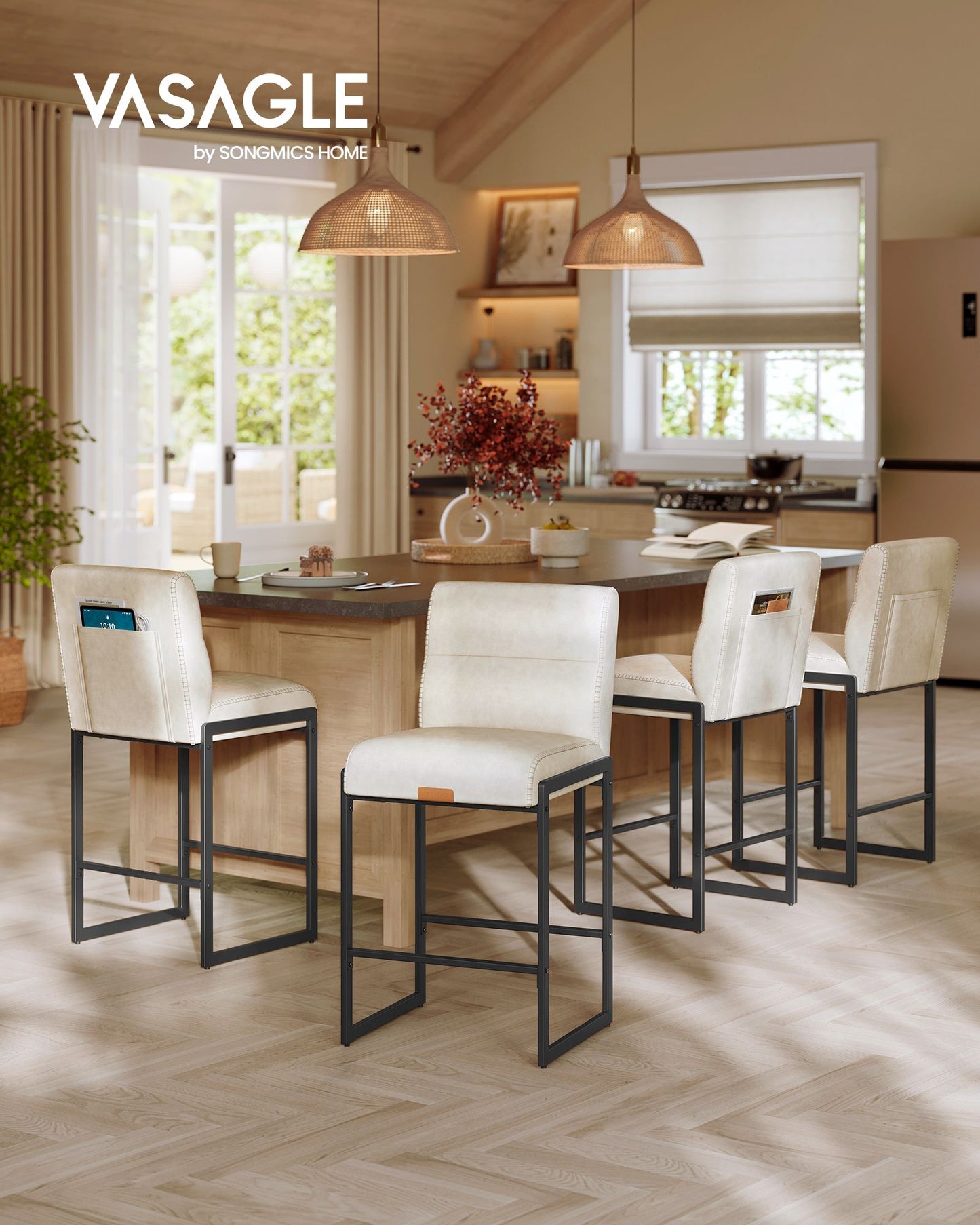 VASAGLE Ekho Bar Stools Set of 4, Counter Height Stools with Backs, Cream White