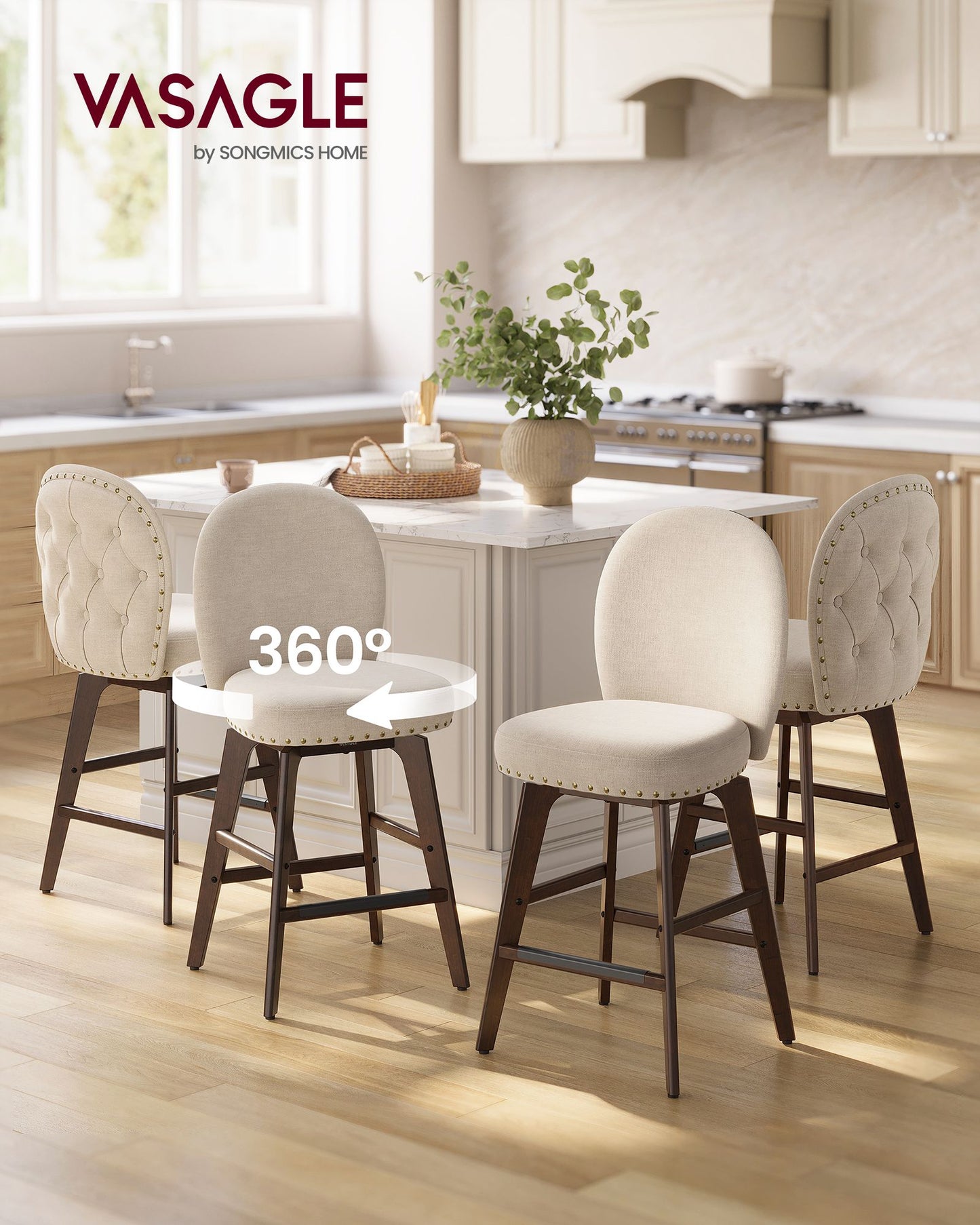 VASAGLE Chenille Swivel Bar Stools with Wood Legs, Set of 4 – Cappuccino Beige