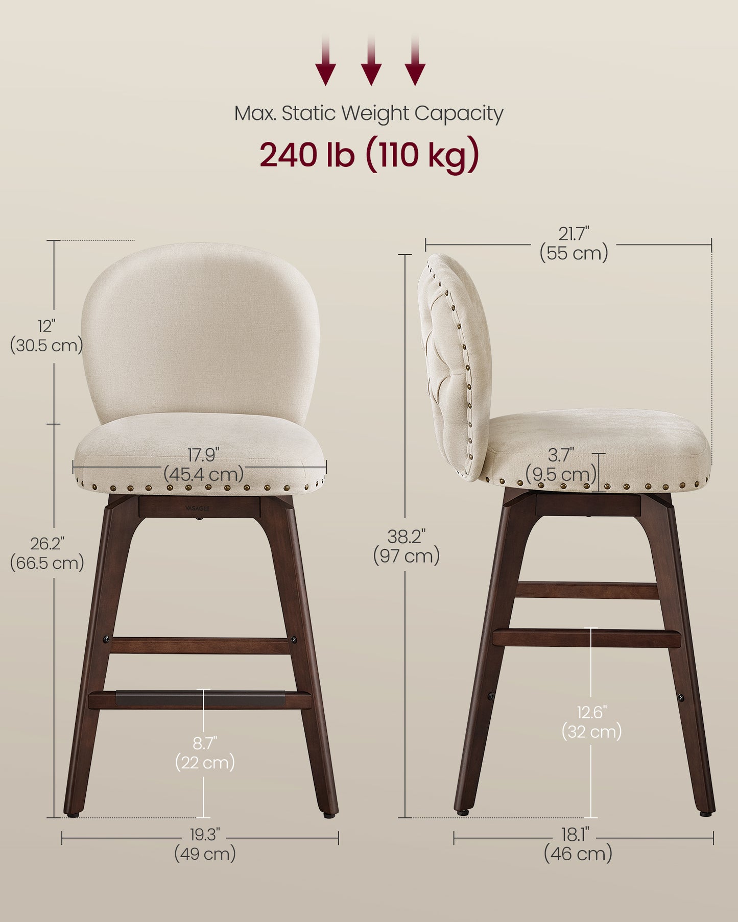 VASAGLE Chenille Swivel Bar Stools with Wood Legs, Set of 4 – Cappuccino Beige
