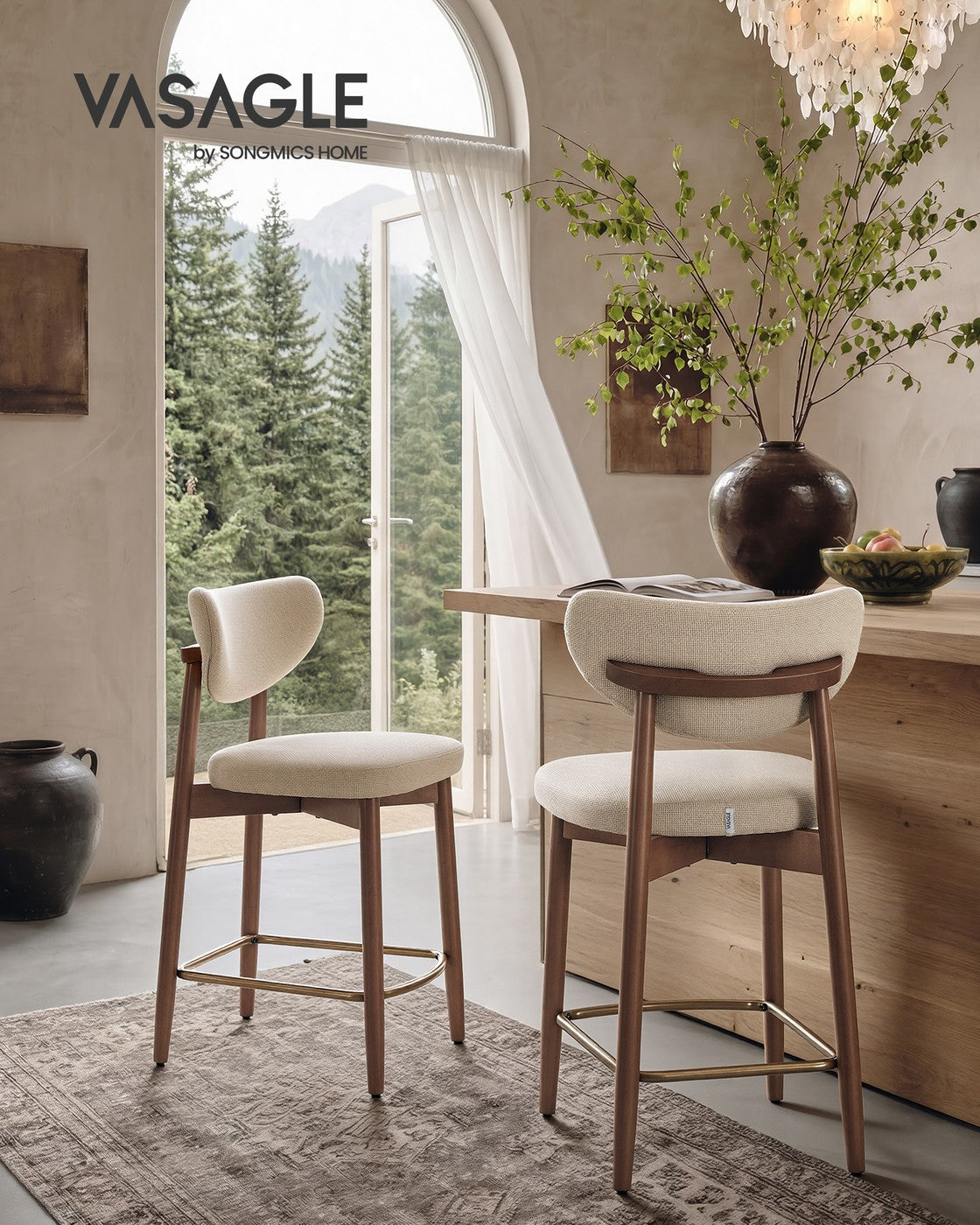 VASAGLE Upholstered Wooden Bar Stool with Back for Kitchen Island – Cappuccino Beige | ULBC125L101-2J
