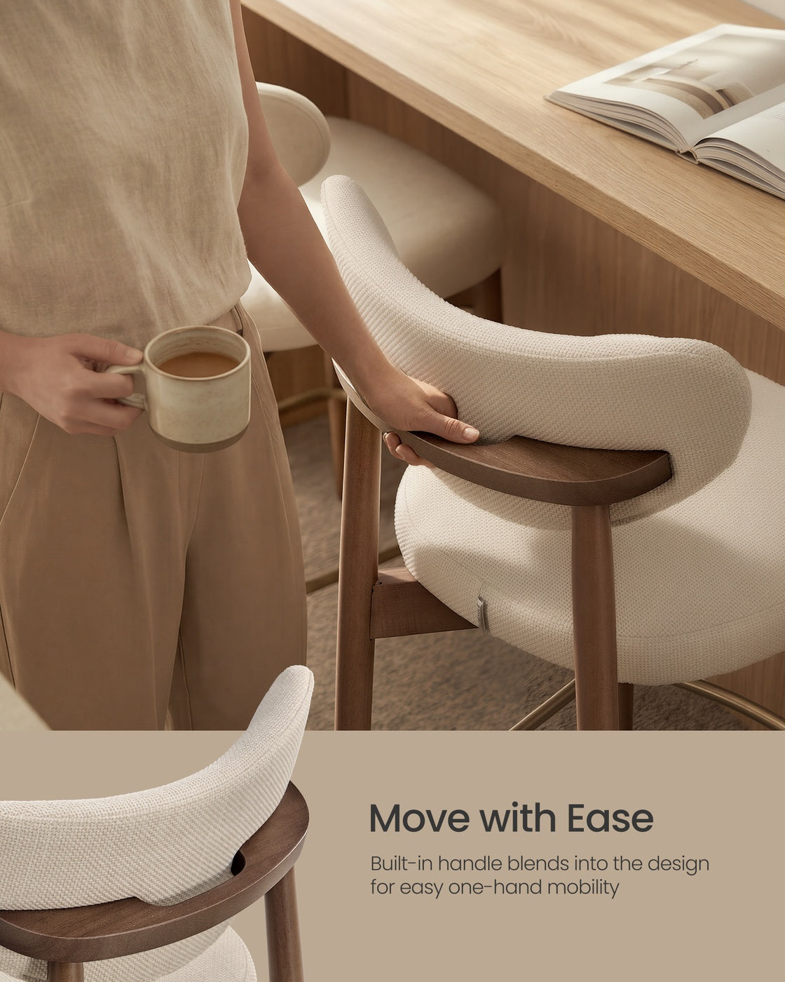 VASAGLE Upholstered Wooden Bar Stool with Back for Kitchen Island – Cappuccino Beige | ULBC125L101-2J