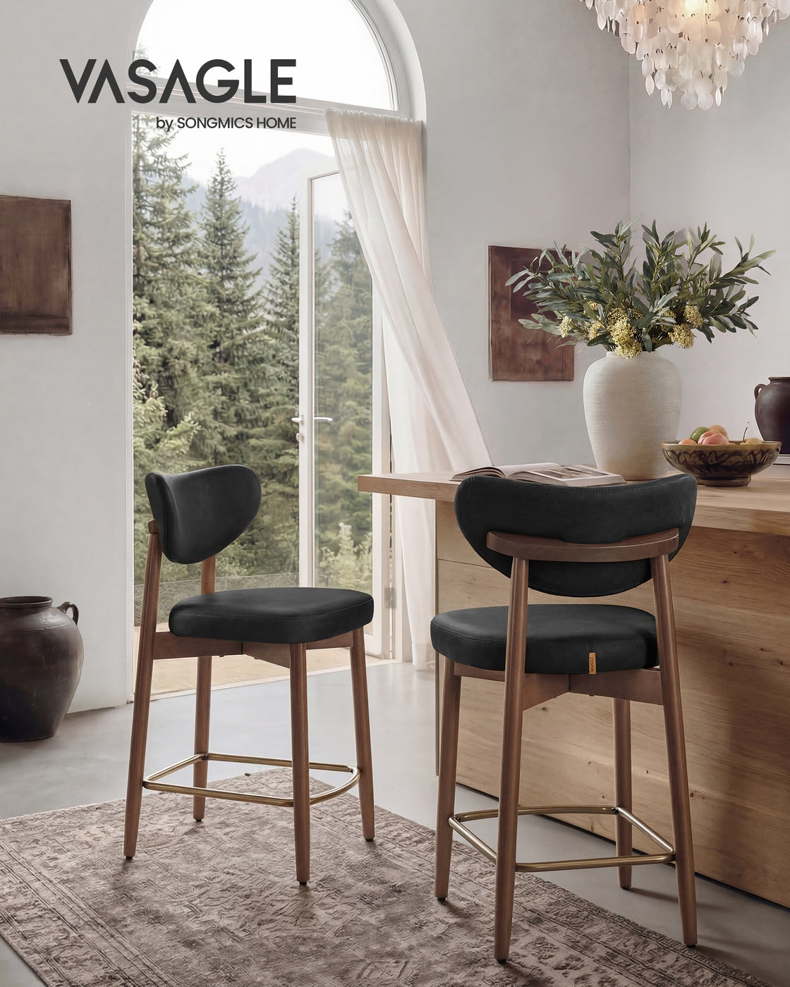 VASAGLE Upholstered Wooden Bar Stool with Back for Kitchen Island – Ink Black | ULBC126B101-2J