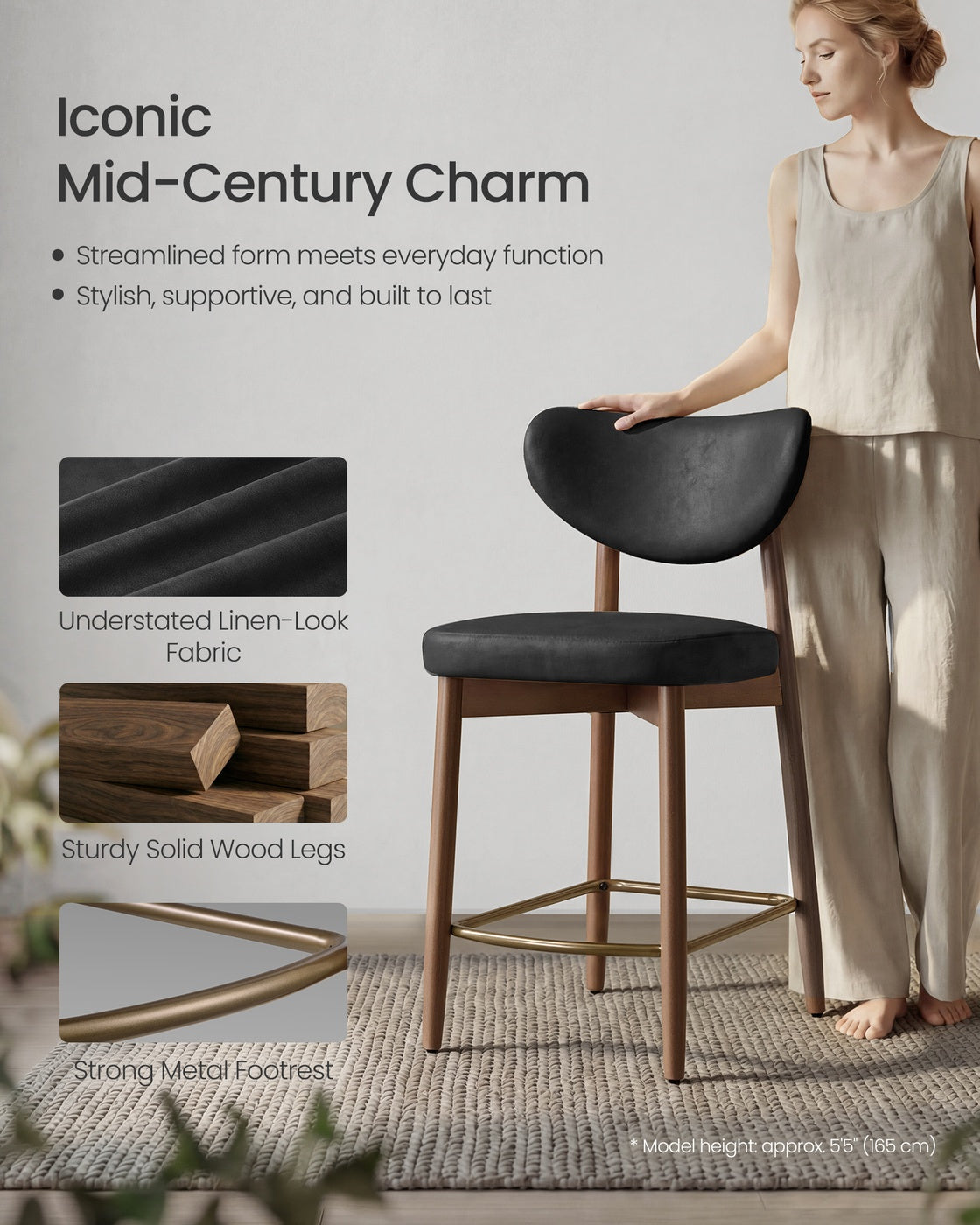 VASAGLE Upholstered Wooden Bar Stool with Back for Kitchen Island – Ink Black | ULBC126B101-2J