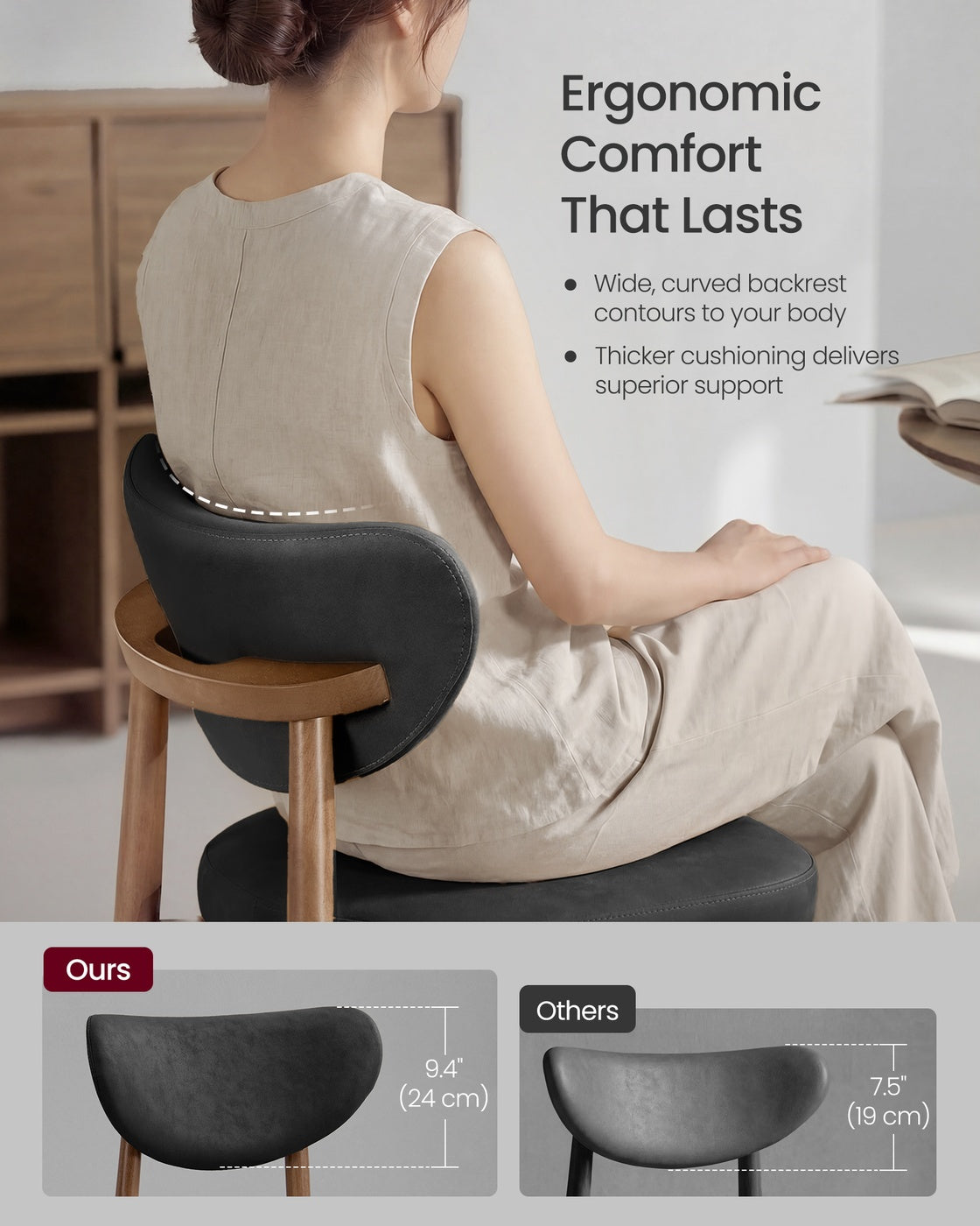 VASAGLE Upholstered Wooden Bar Stool with Back for Kitchen Island – Ink Black | ULBC126B101-2J