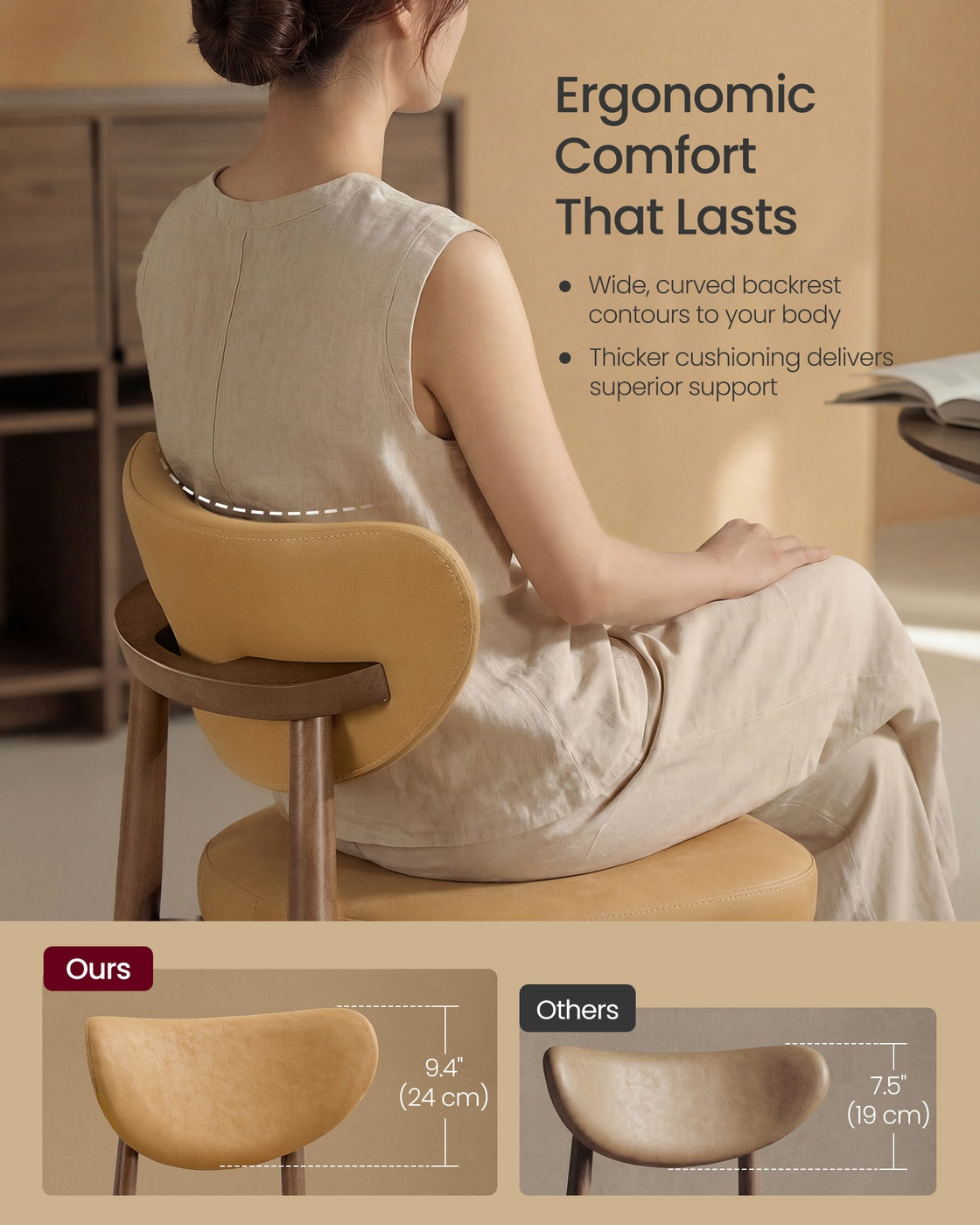 VASAGLE Upholstered Wooden Bar Stool with Back for Kitchen Island – Caramel Brown | ULBC126K101-2J