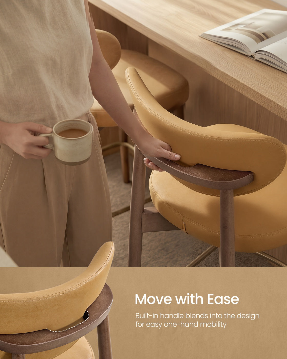 VASAGLE Upholstered Wooden Bar Stool with Back for Kitchen Island – Caramel Brown | ULBC126K101-2J