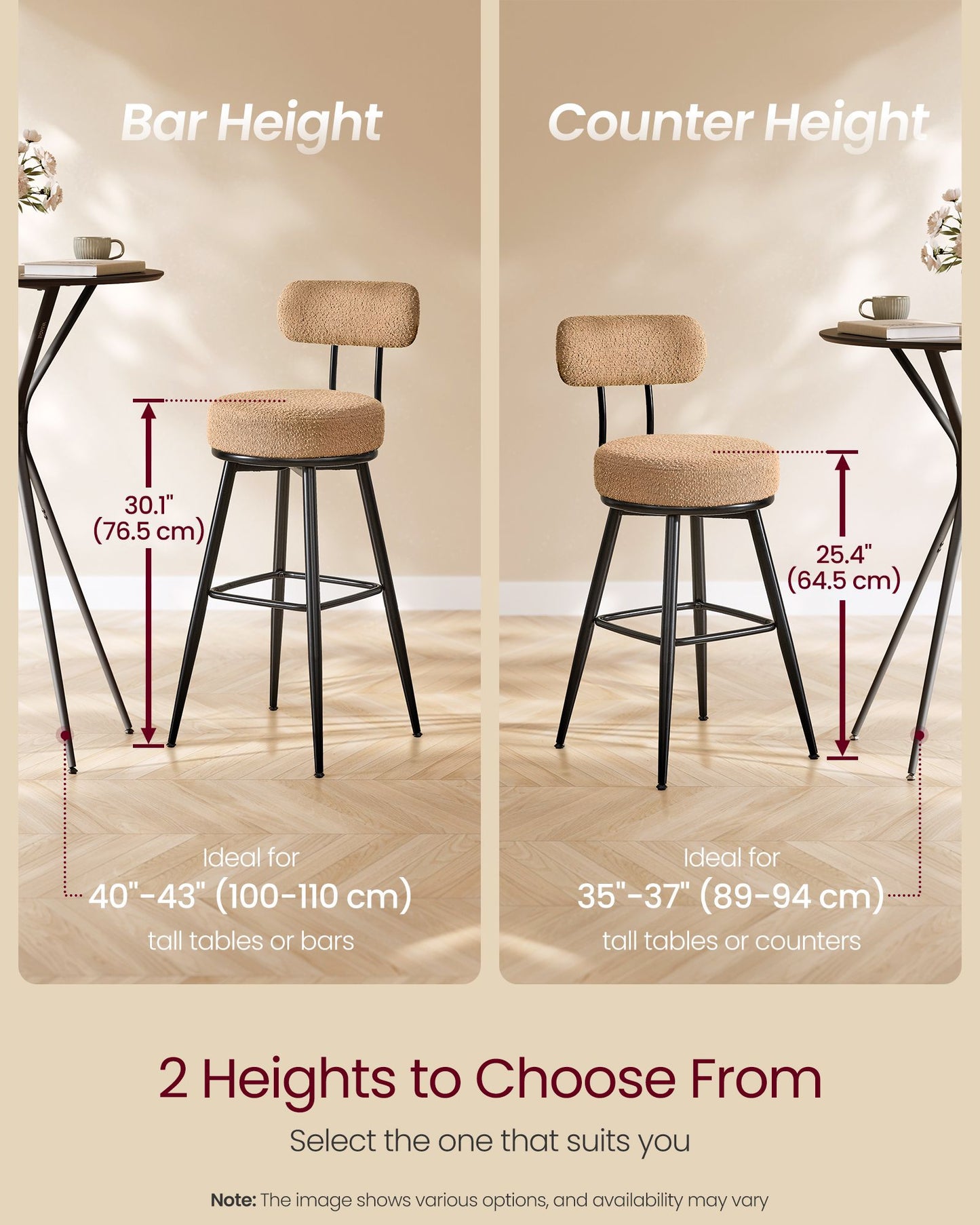 VASAGLE 360° Swivel Bar Stools Set of 2 – Camel Brown