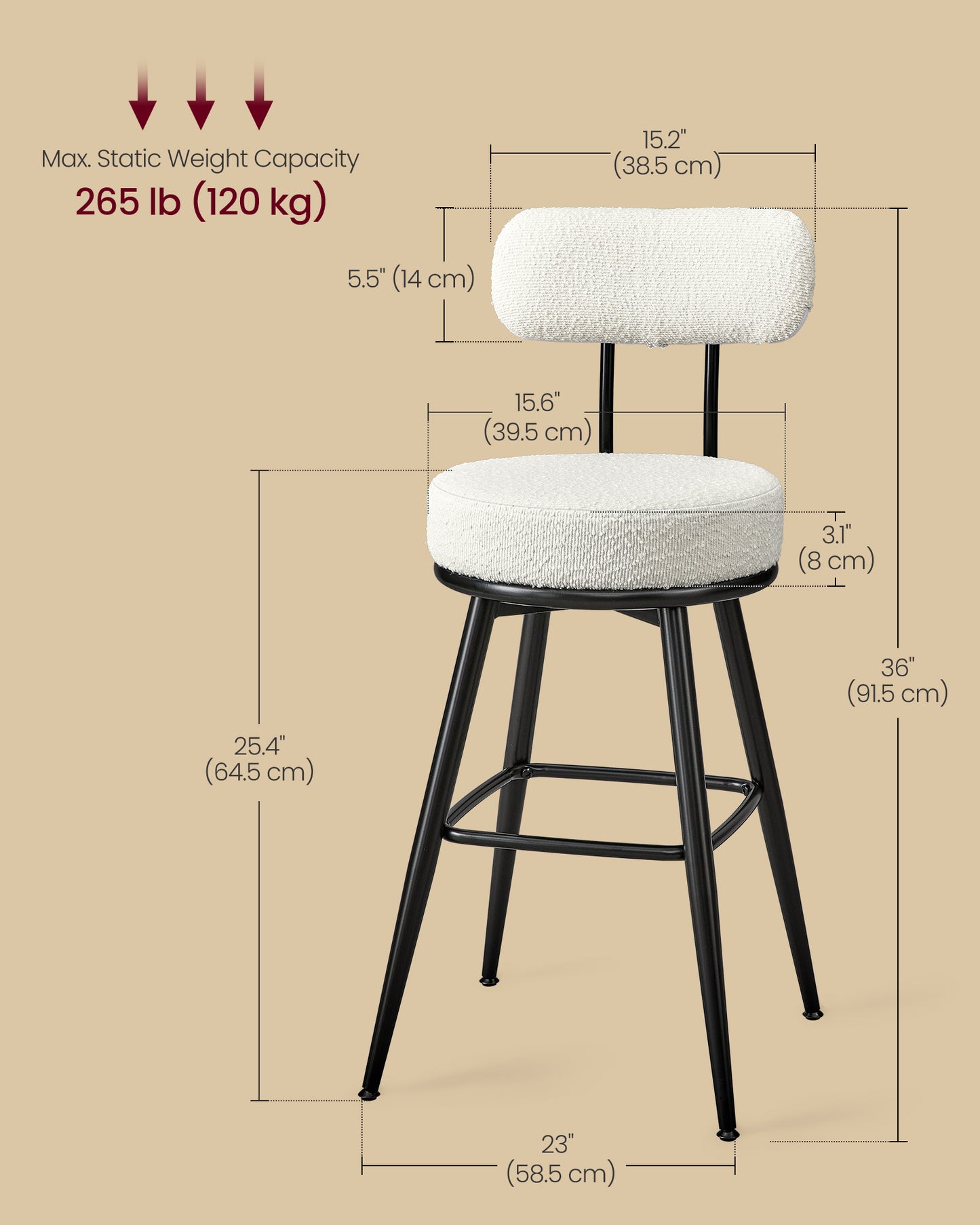 VASAGLE 360° Swivel Bar Stools Set of 4 – Cloud White – 23"D x 23"W x 36"H