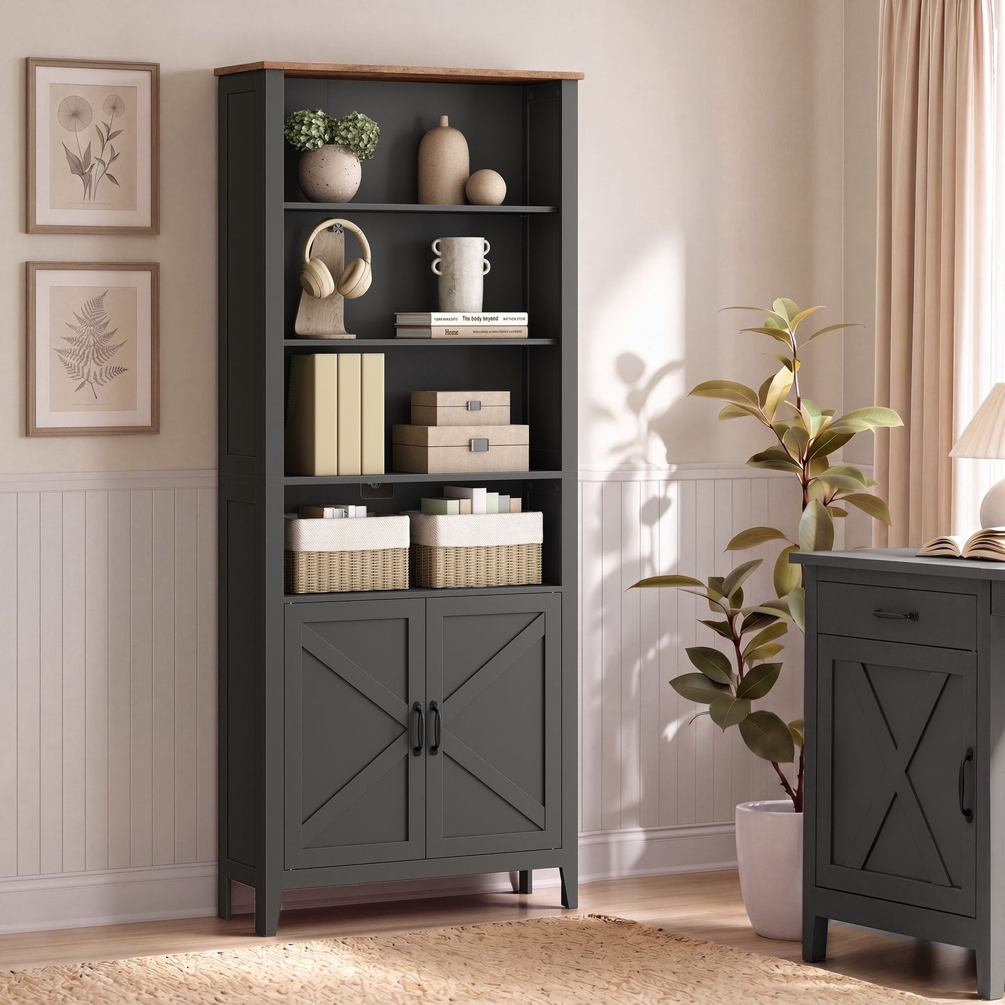 VASAGLE Farmhouse Multi Tier Bookcase with Doors – Matte Black, Warm Brown