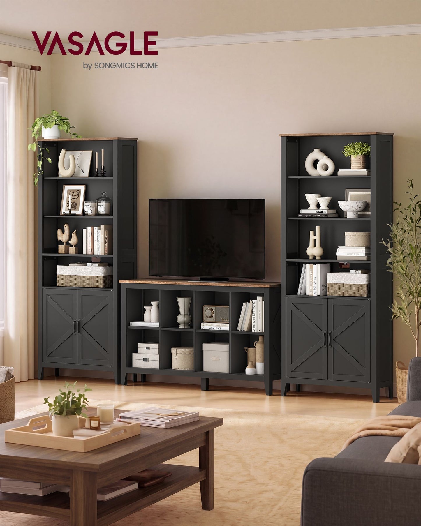 VASAGLE Farmhouse Multi Tier Bookcase with Doors – Matte Black, Warm Brown