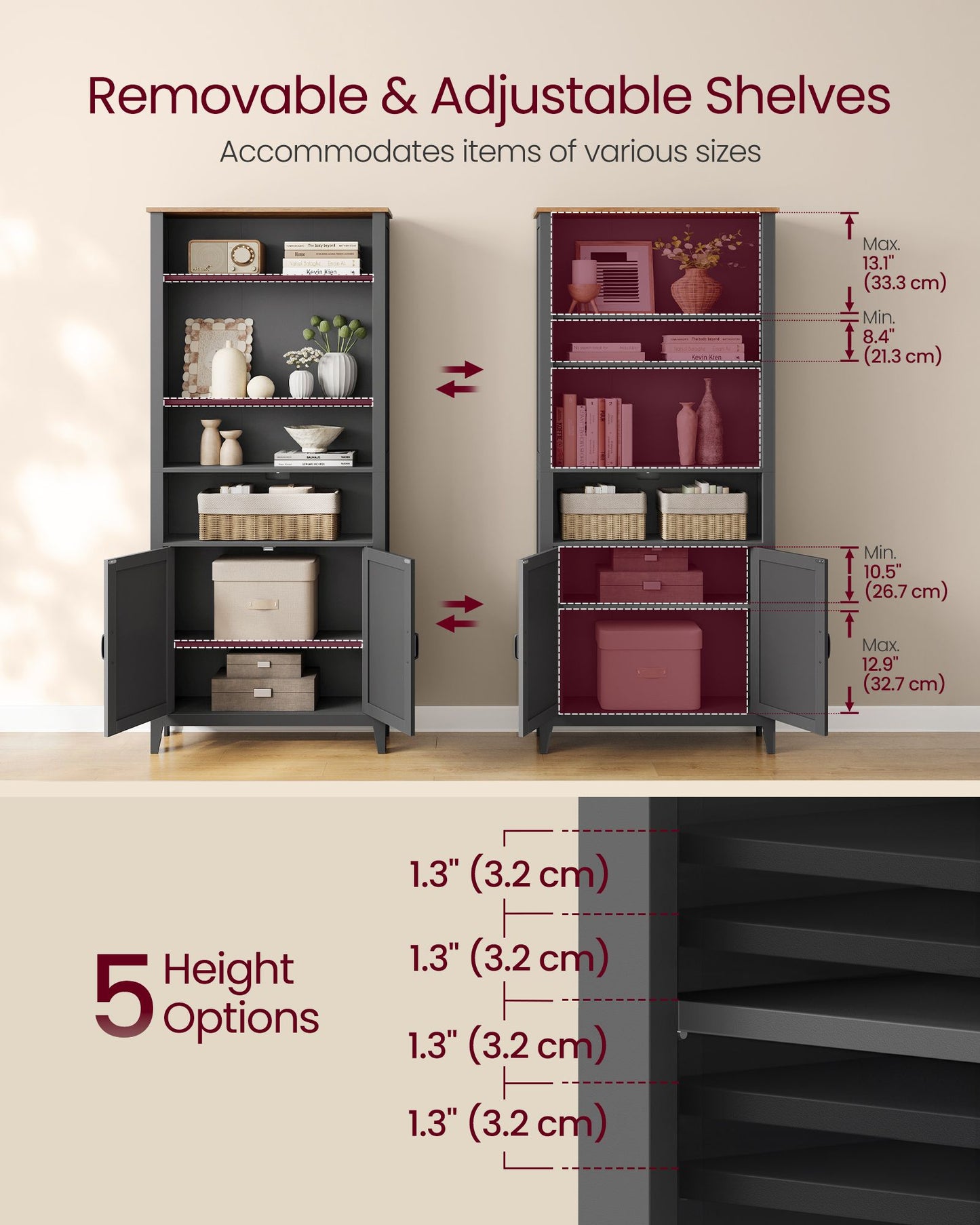 VASAGLE Farmhouse Multi Tier Bookcase with Doors – Matte Black, Warm Brown