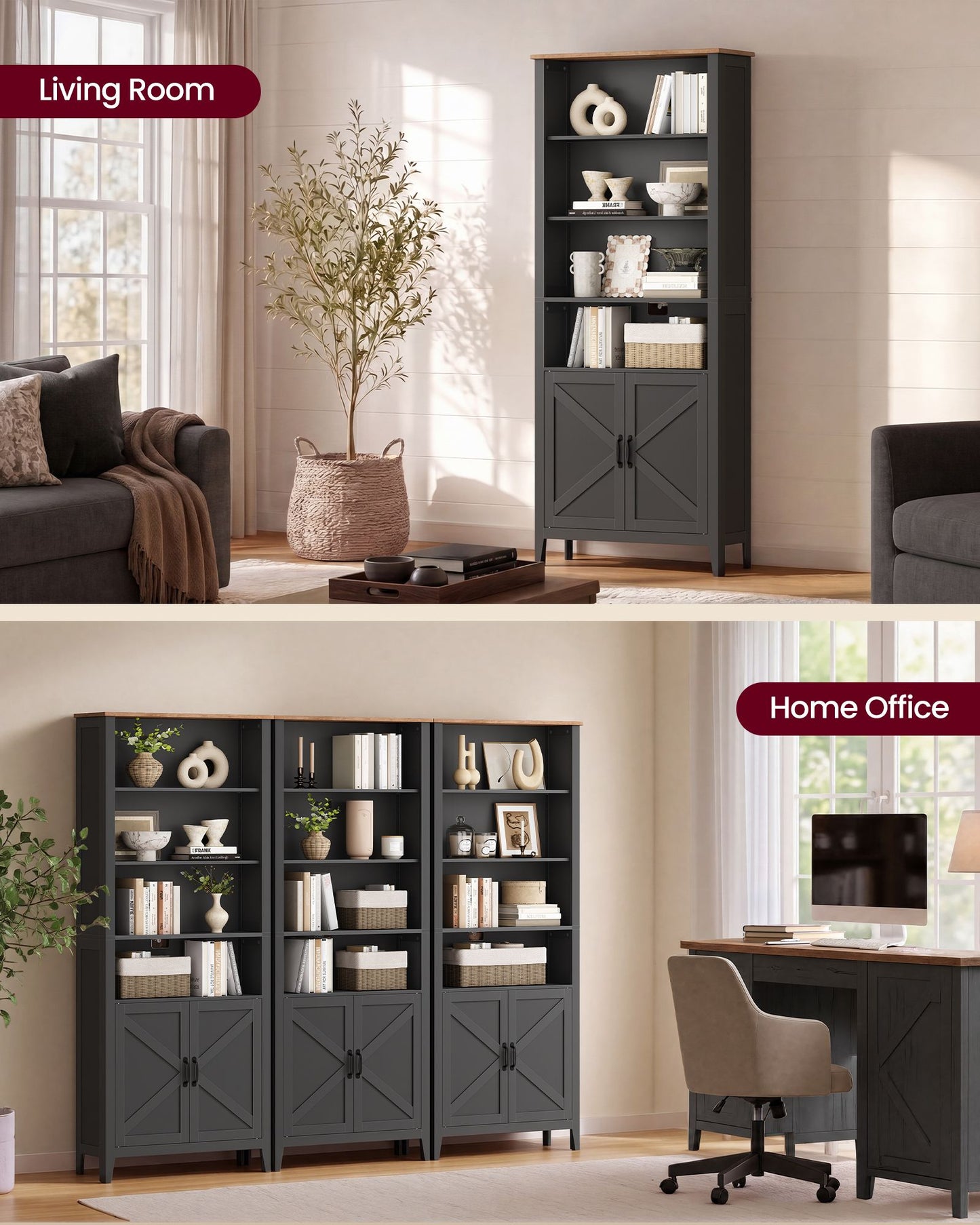 VASAGLE Farmhouse Multi Tier Bookcase with Doors – Matte Black, Warm Brown