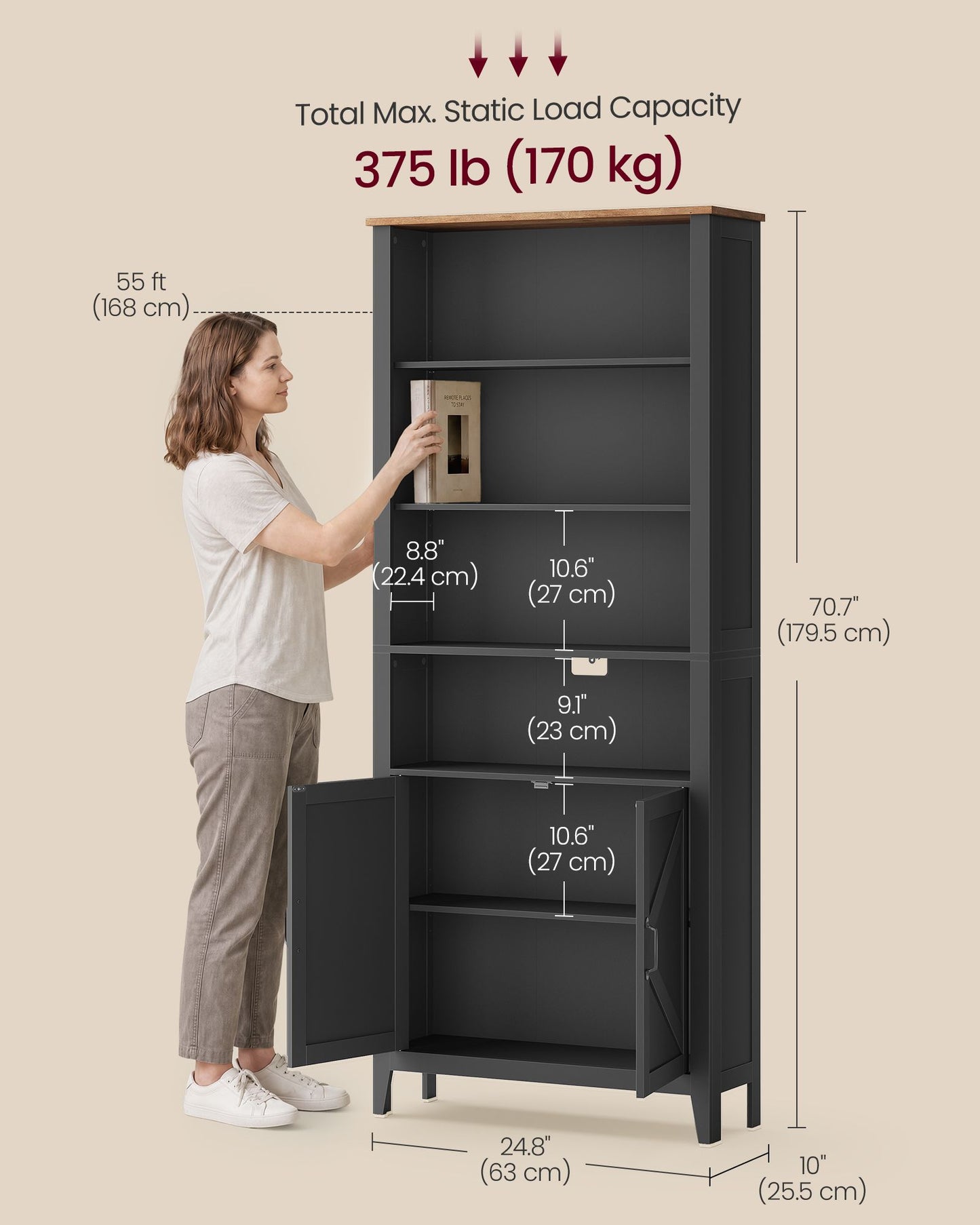 VASAGLE Farmhouse Multi Tier Bookcase with Doors – Matte Black, Warm Brown