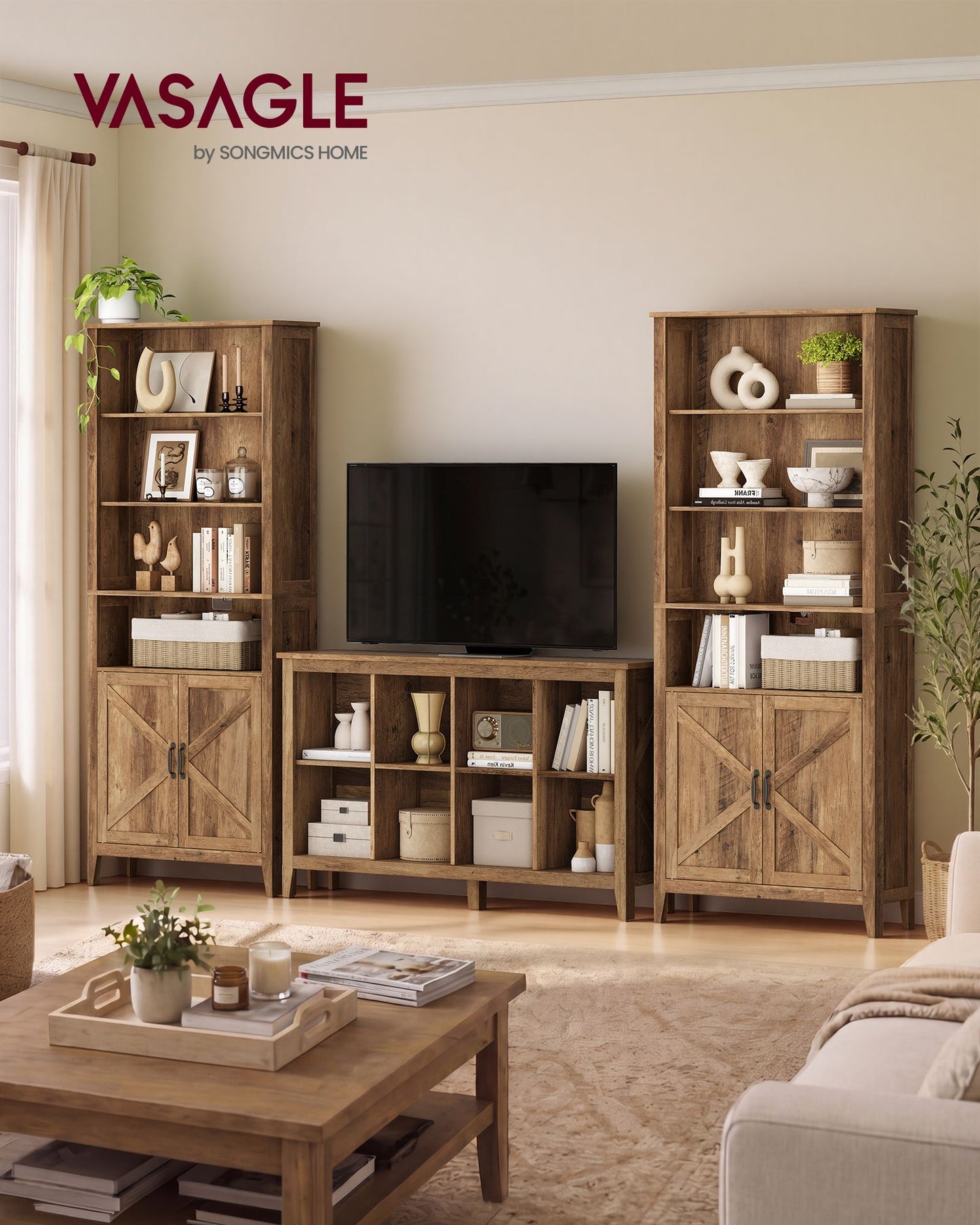 VASAGLE Farmhouse Six Tier Storage Unit with Doors Warm Brown
