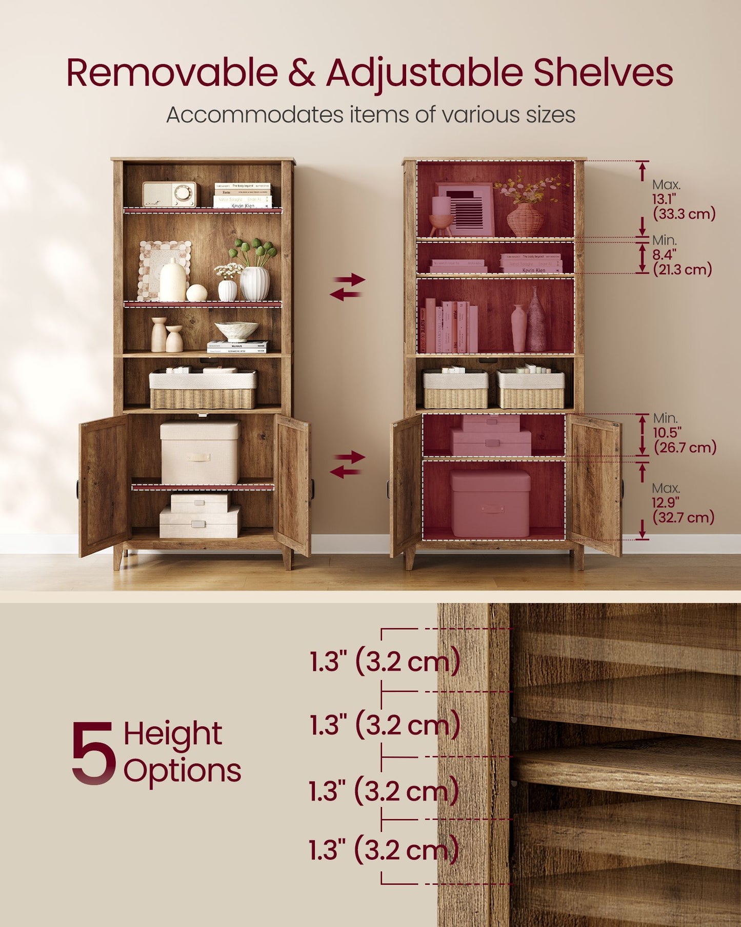 VASAGLE Farmhouse Six Tier Storage Unit with Doors Warm Brown