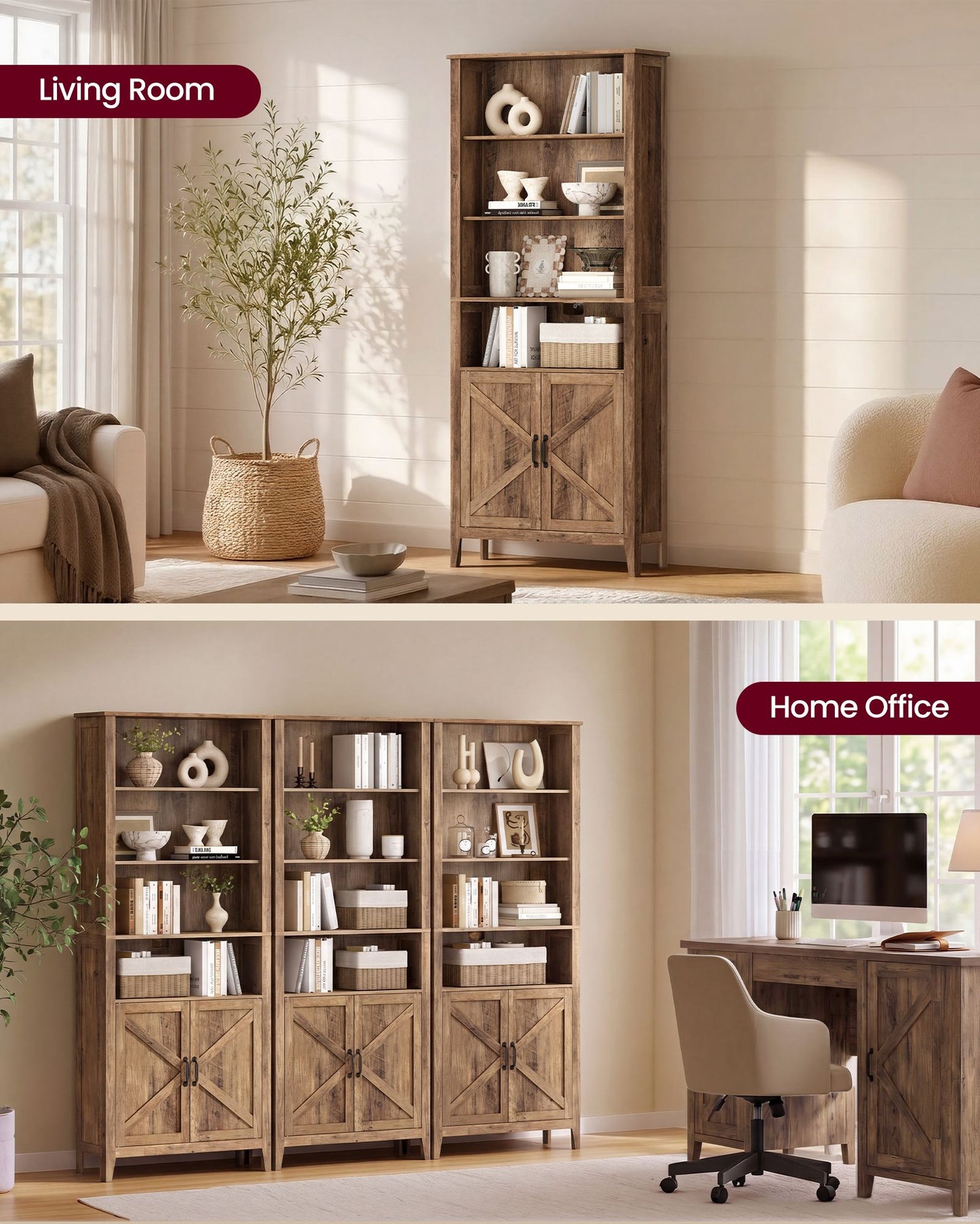 VASAGLE Farmhouse Six Tier Storage Unit with Doors Warm Brown