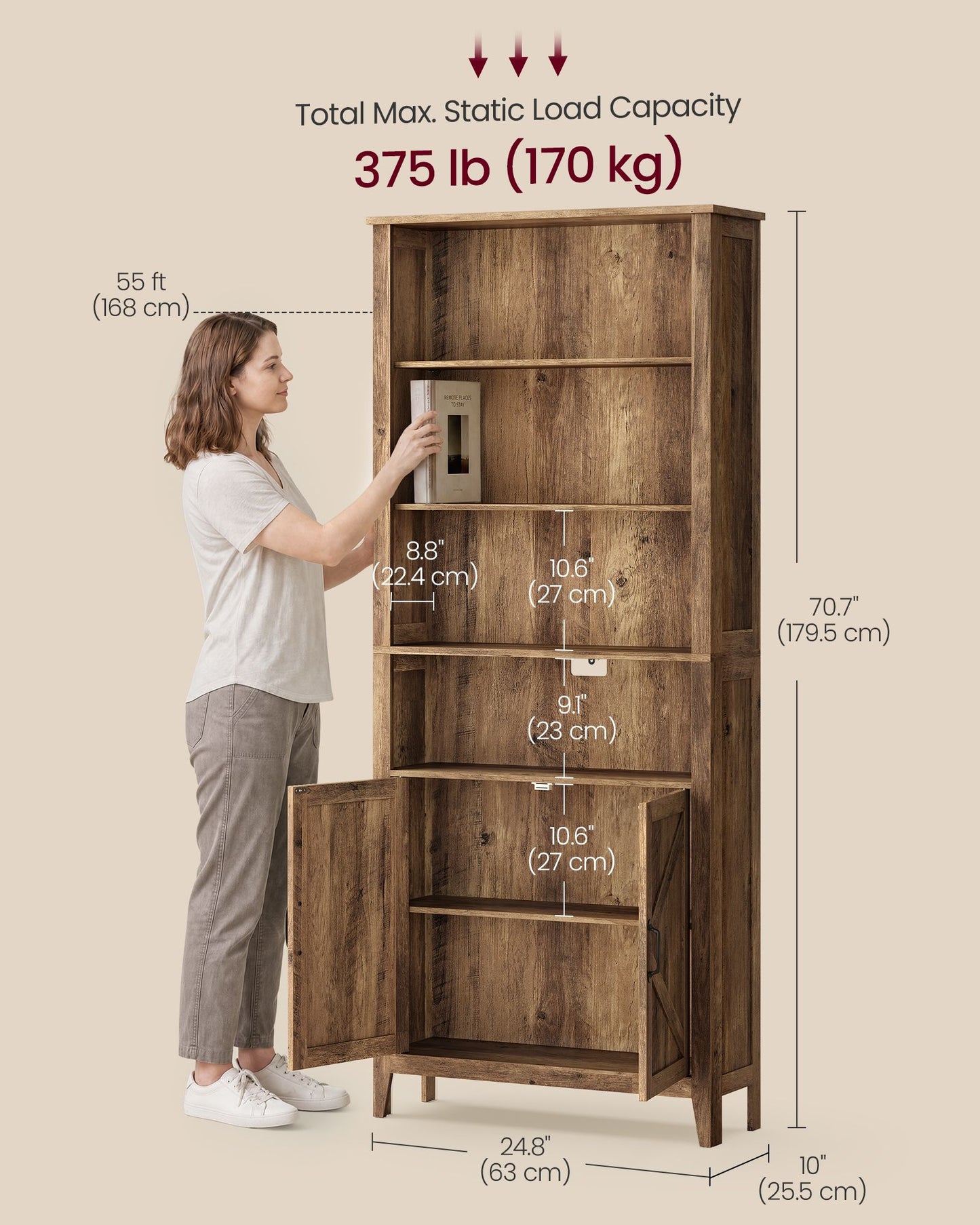 VASAGLE Farmhouse Six Tier Storage Unit with Doors Warm Brown