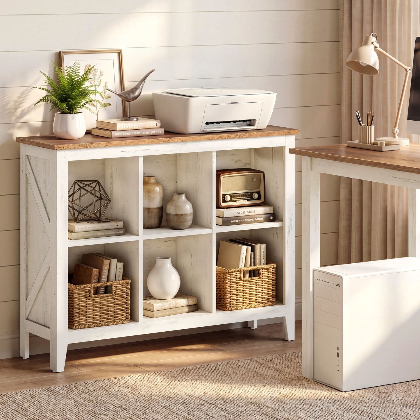 VASAGLE Farmhouse Six Cube Storage Organizer with Legs Cloud White and Warm Brown – Cloud White, Warm Brown