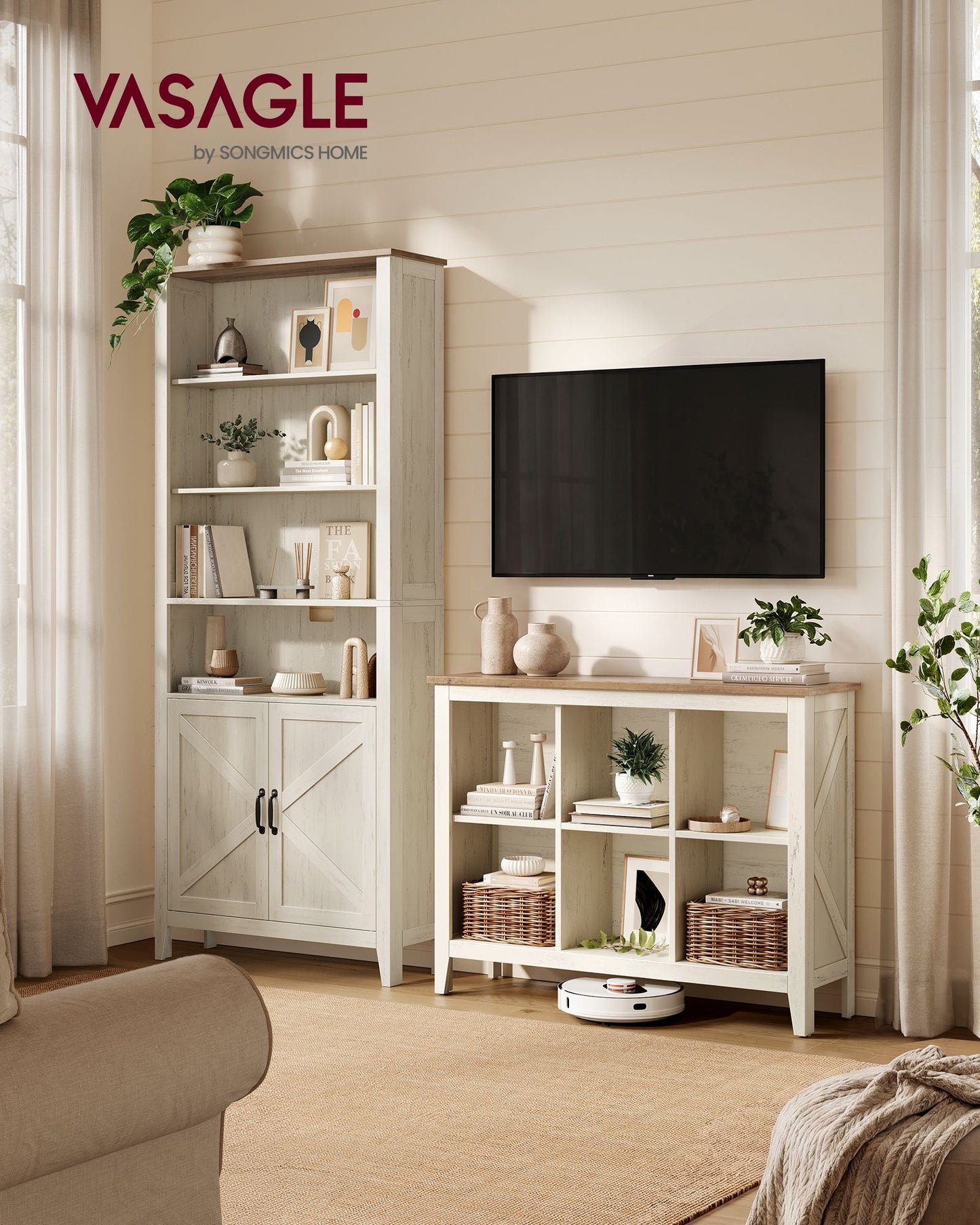 VASAGLE Farmhouse Six Cube Storage Organizer with Legs Cloud White and Warm Brown – Cloud White, Warm Brown