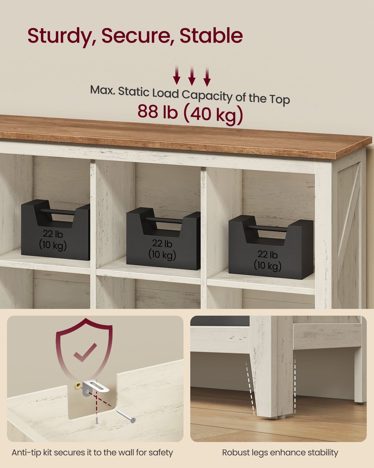 VASAGLE Farmhouse Six Cube Storage Organizer with Legs Cloud White and Warm Brown – Cloud White, Warm Brown