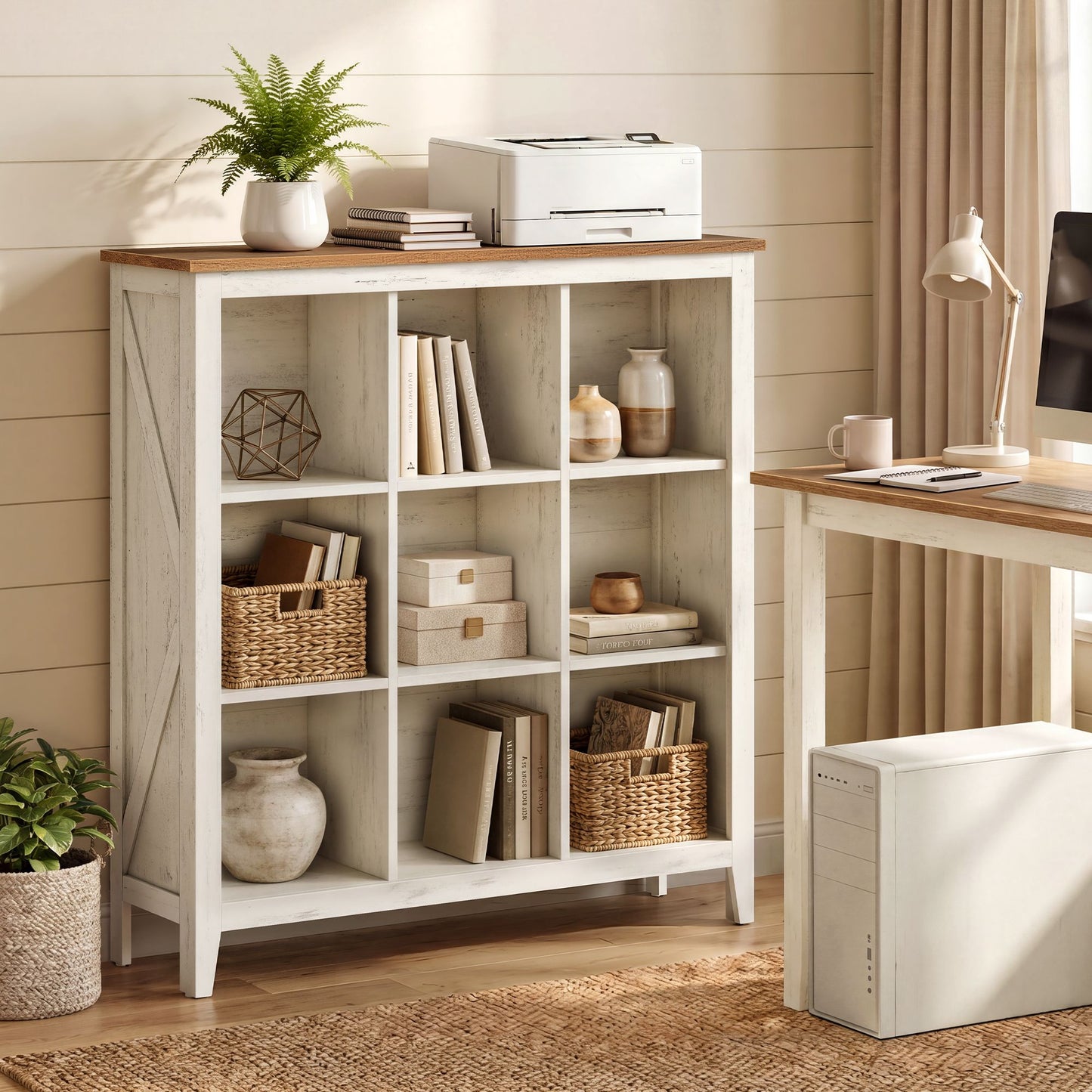 VASAGLE Farmhouse 9 Cube Organizer with Legs Cloud White Warm Brown