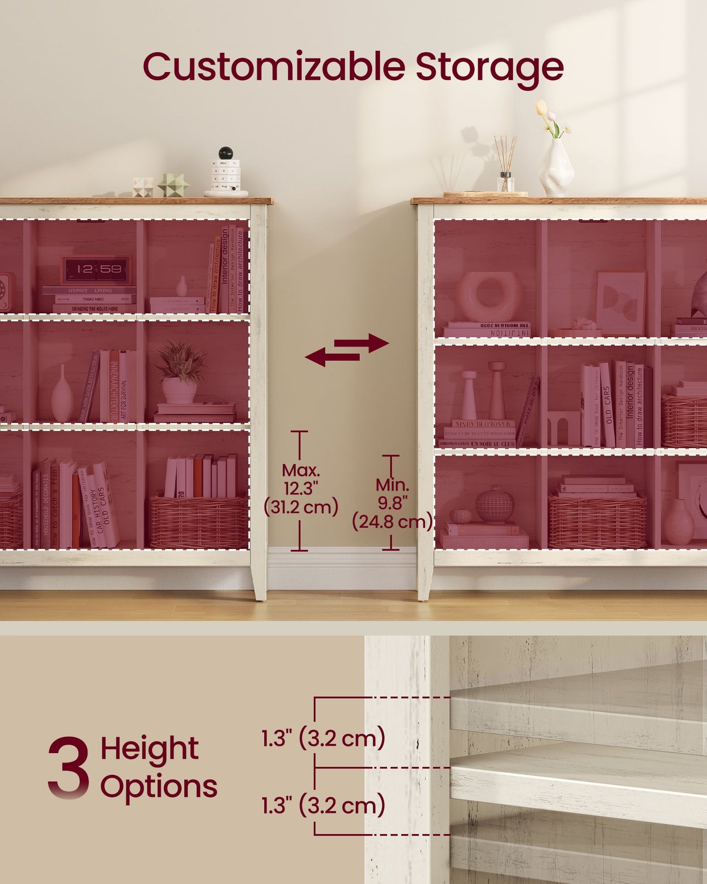VASAGLE Farmhouse 9 Cube Organizer with Legs Cloud White Warm Brown