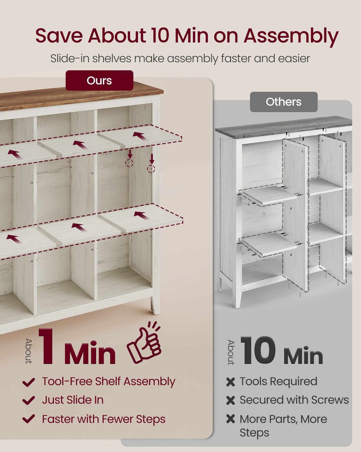 VASAGLE Farmhouse 9 Cube Organizer with Legs Cloud White Warm Brown