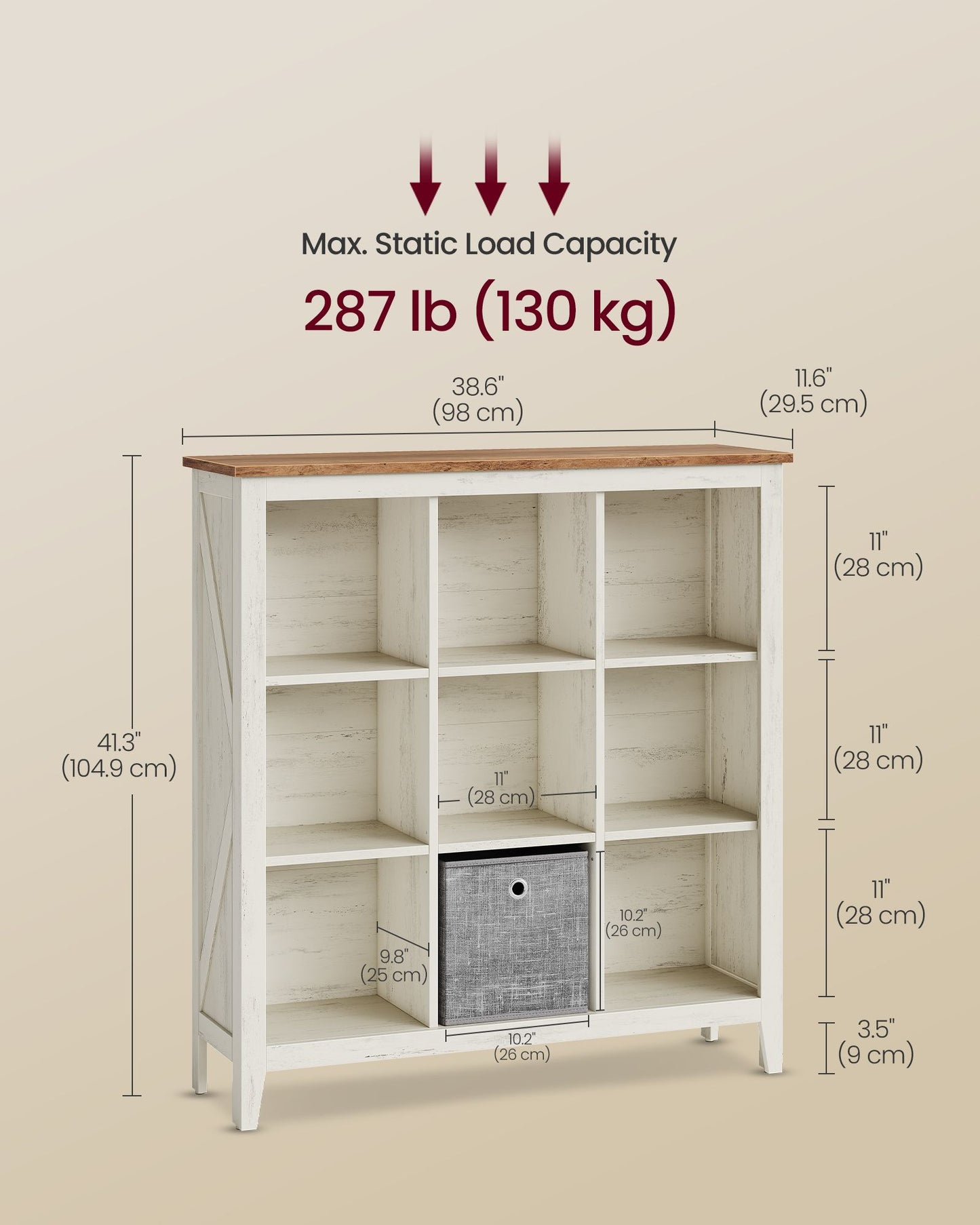 VASAGLE Farmhouse 9 Cube Organizer with Legs Cloud White Warm Brown