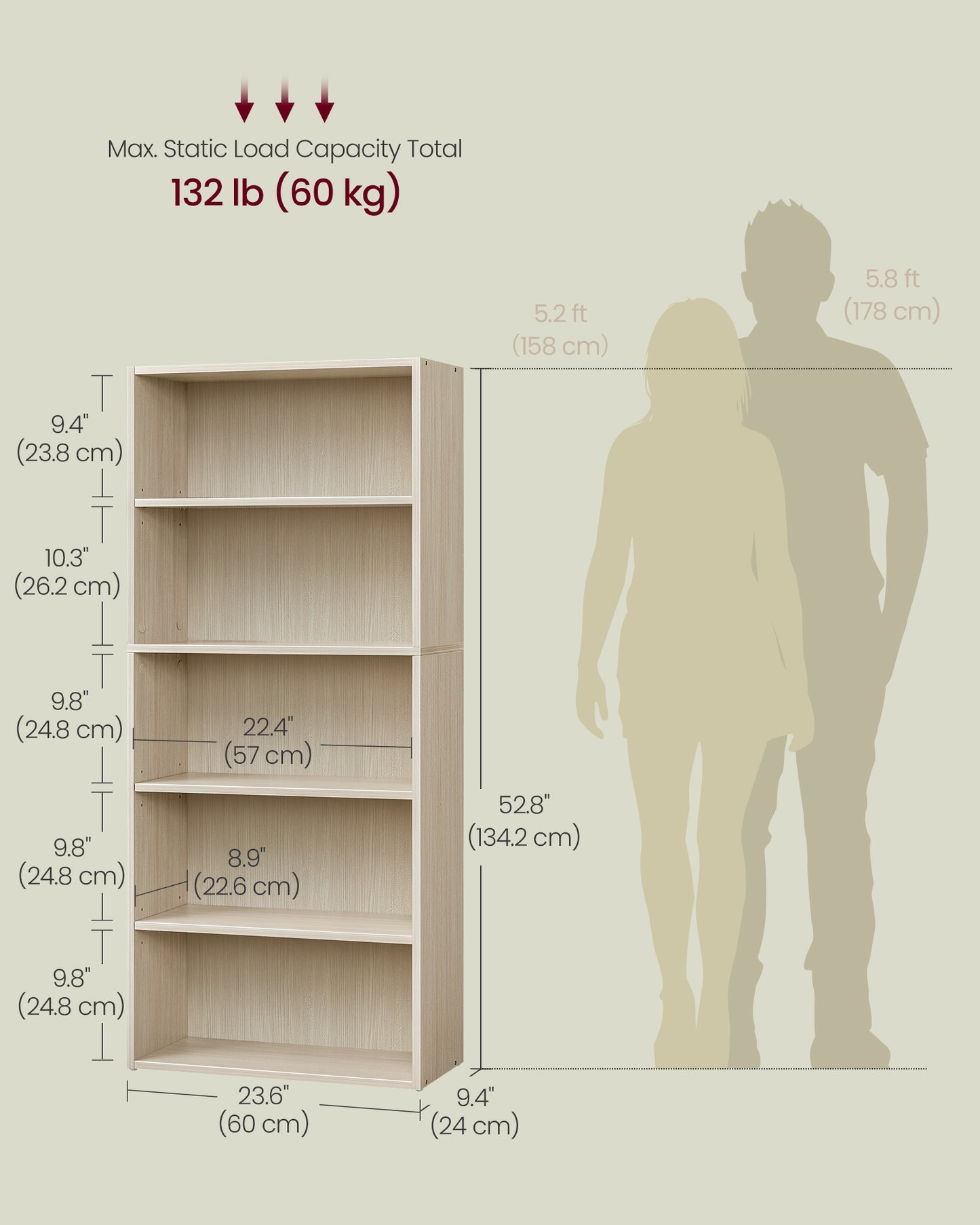 VASAGLE Custos Bookshelf, 5-Tier Bookcase, Open Storage Shelf, 9.4 X 23.6 X 52.8 Inches – Natural Beige