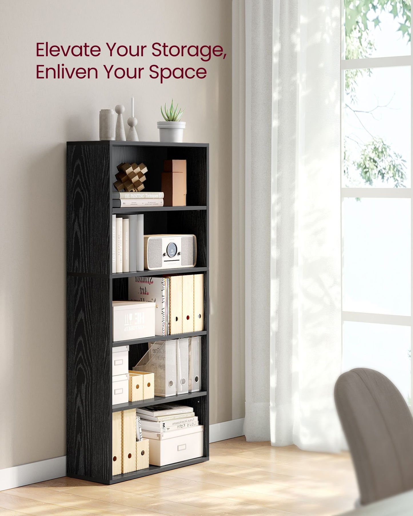 VASAGLE Bookshelf, 23.6 Inches Wide, 5-Tier Open Bookcase with Adjustable Storage Shelves – Ebony Black