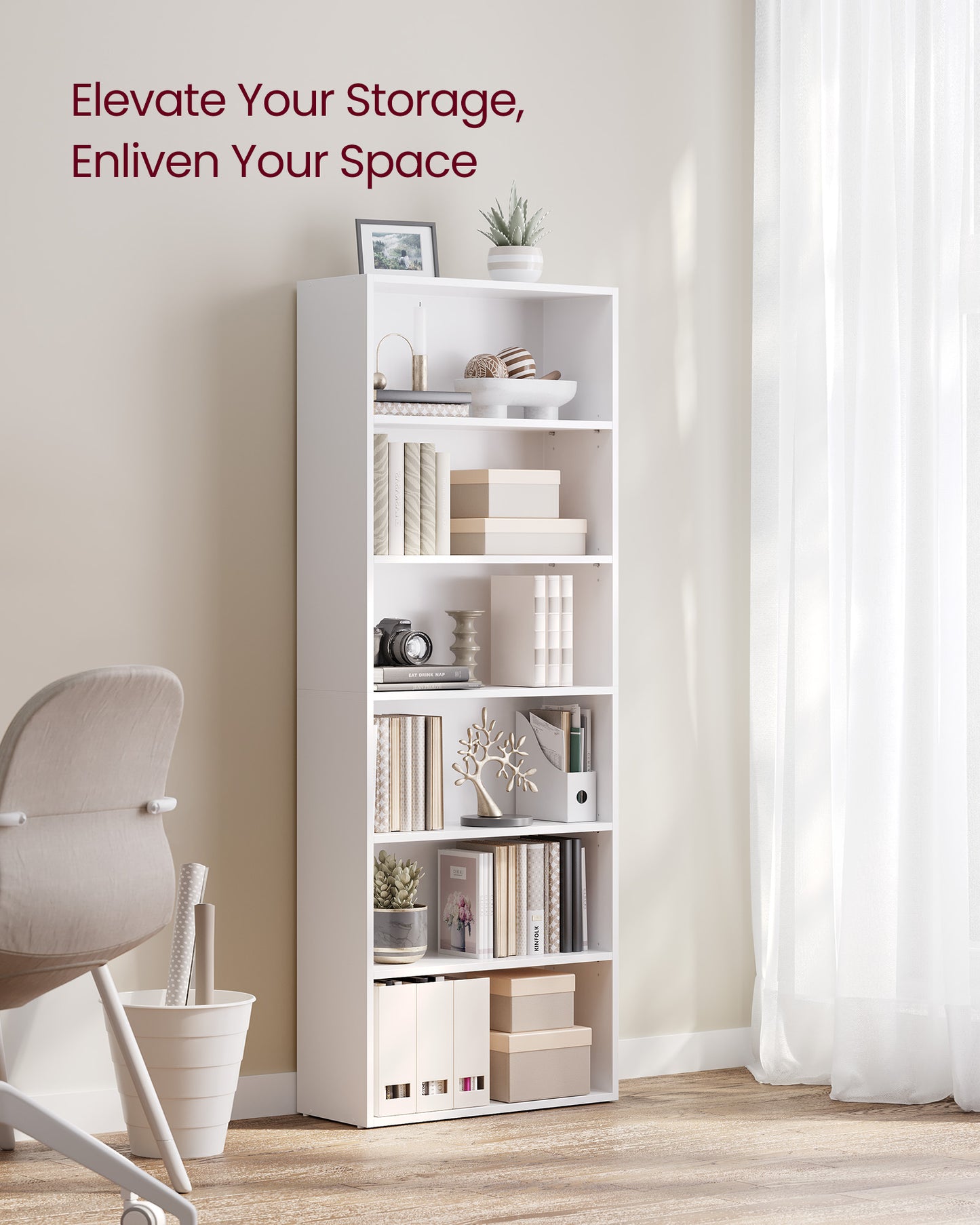 VASAGLE Bookshelf, 23.6 Inches Wide, 6-Tier Open Bookcase with Adjustable Storage Shelves – Cloud White