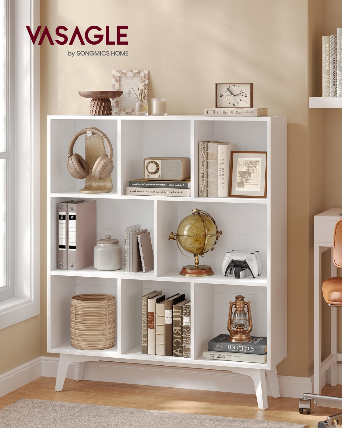 VASAGLE Mid-Century Modern 8-Cube Bookshelf – Cloud White – 9.4''D x 35.4''W x 42.3''H