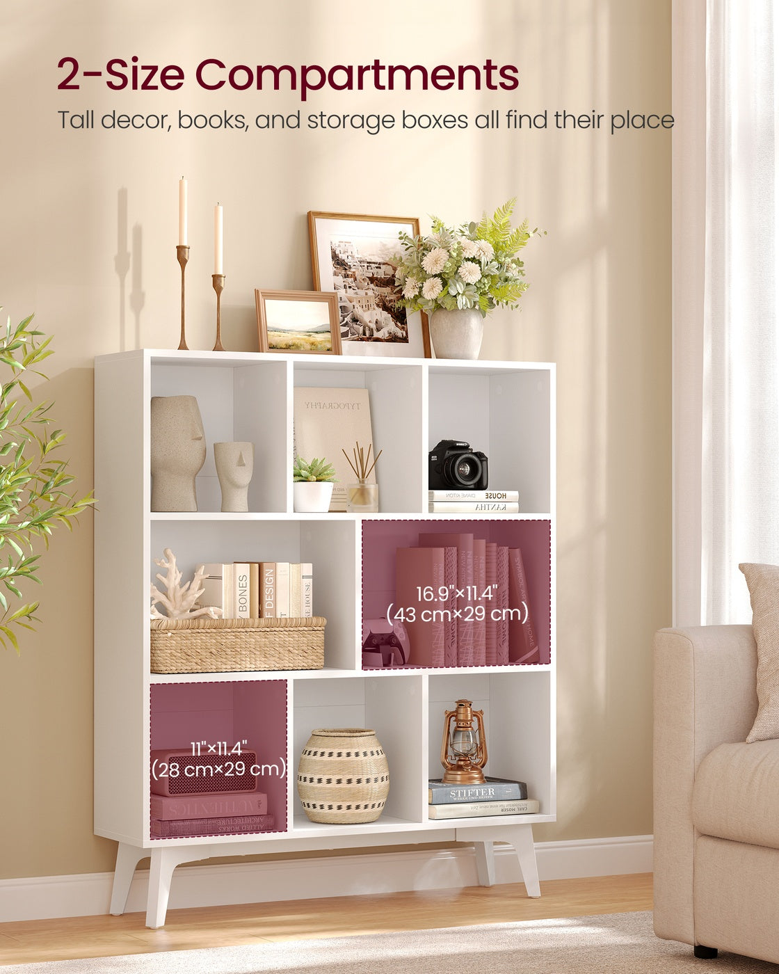 VASAGLE Mid-Century Modern 8-Cube Bookshelf – Cloud White – 9.4''D x 35.4''W x 42.3''H