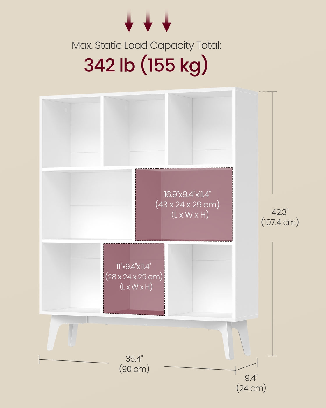 VASAGLE Mid-Century Modern 8-Cube Bookshelf – Cloud White – 9.4''D x 35.4''W x 42.3''H