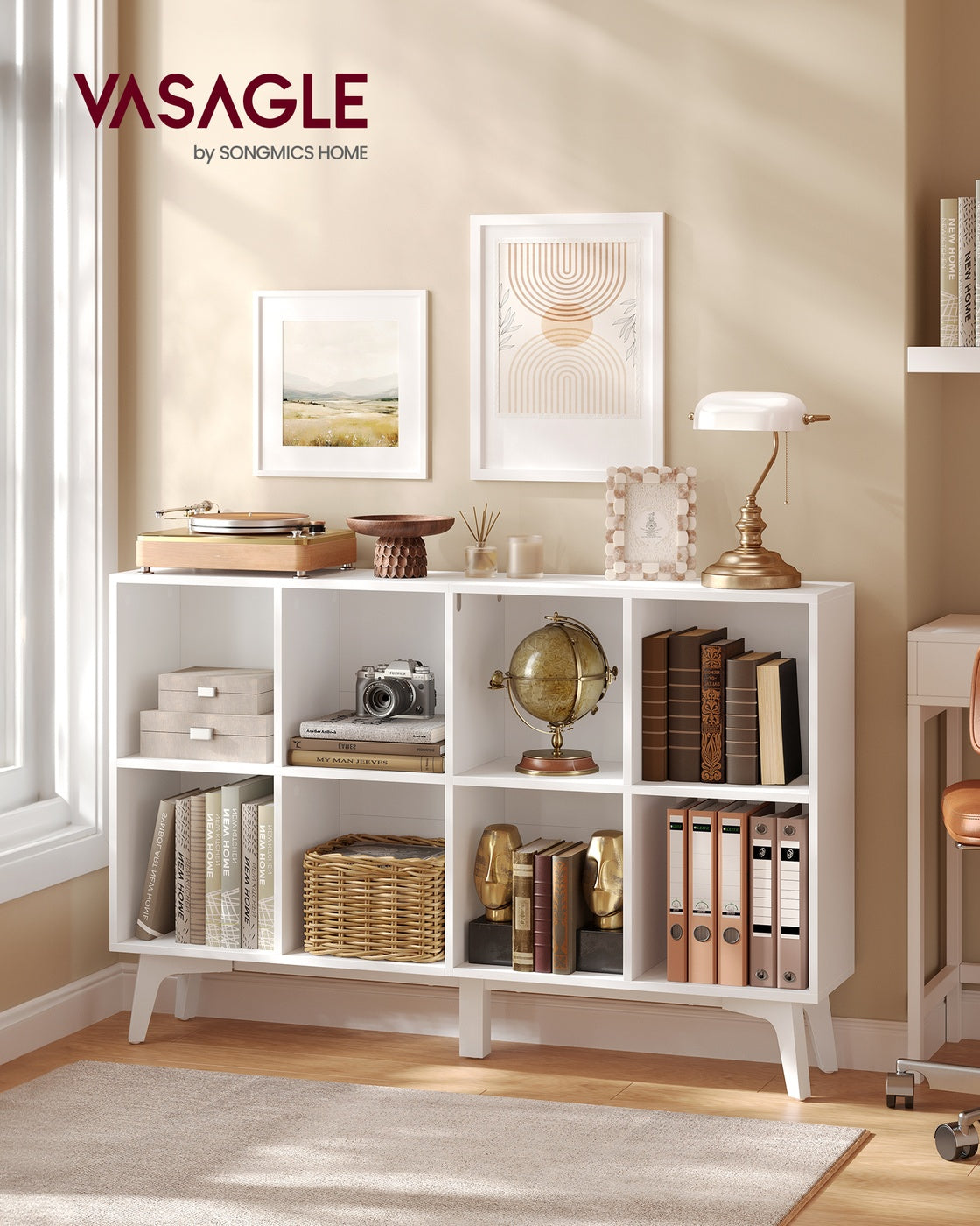 VASAGLE Mid-Century Modern 8-Cube Bookshelf – Cloud White – 9.4''D x 47.1''W x 30.3''H