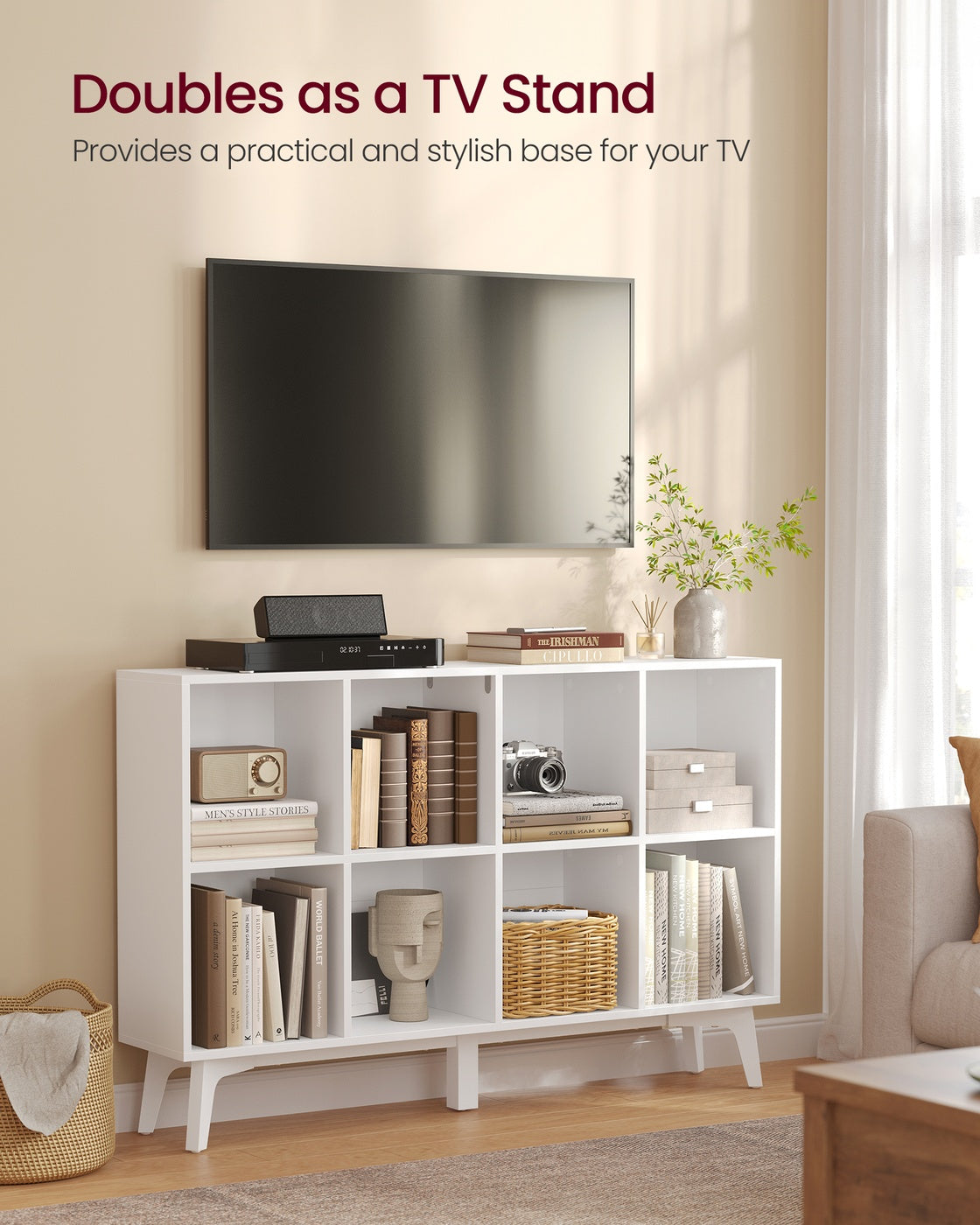 VASAGLE Mid-Century Modern 8-Cube Bookshelf – Cloud White – 9.4''D x 47.1''W x 30.3''H