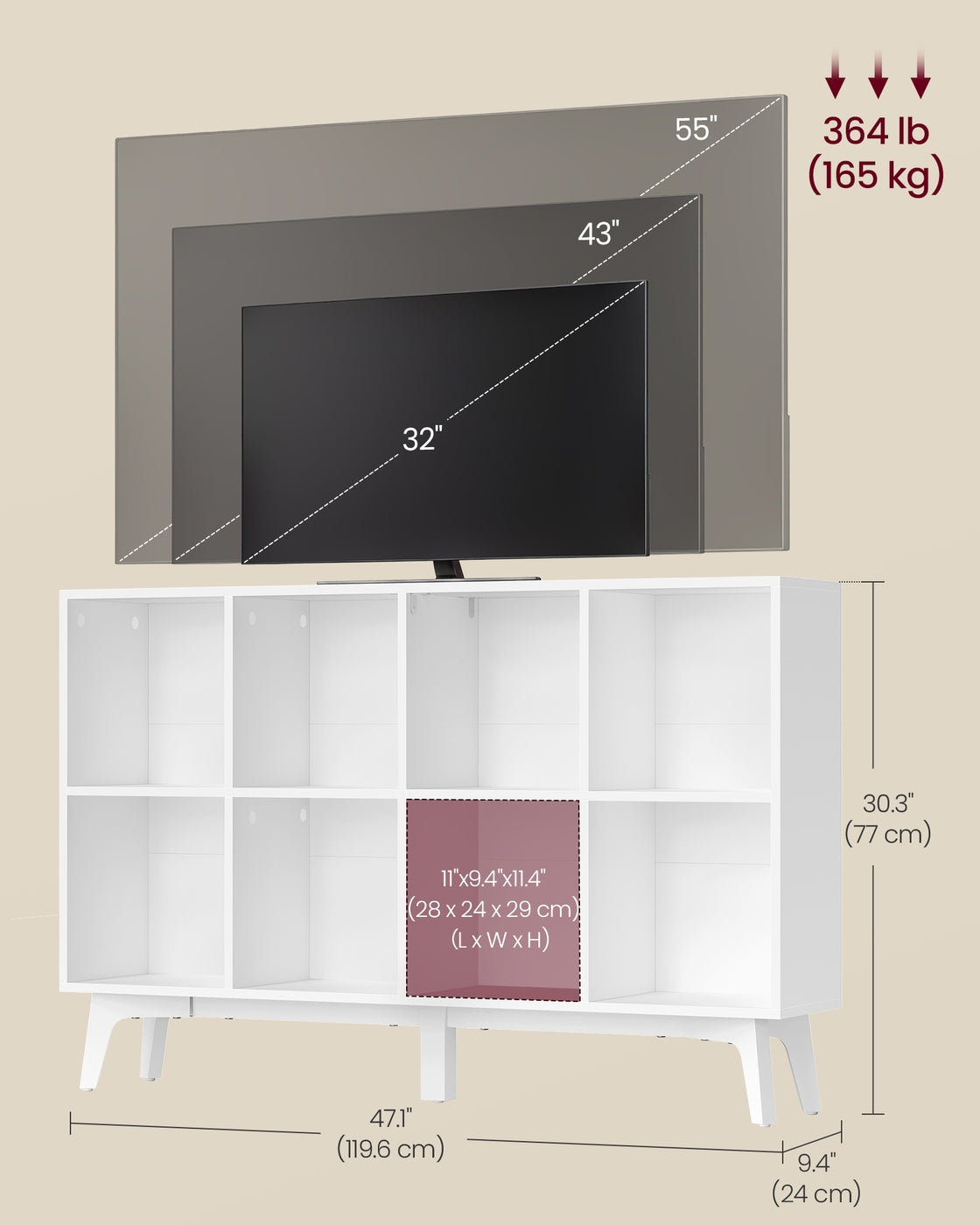 VASAGLE Mid-Century Modern 8-Cube Bookshelf – Cloud White – 9.4''D x 47.1''W x 30.3''H